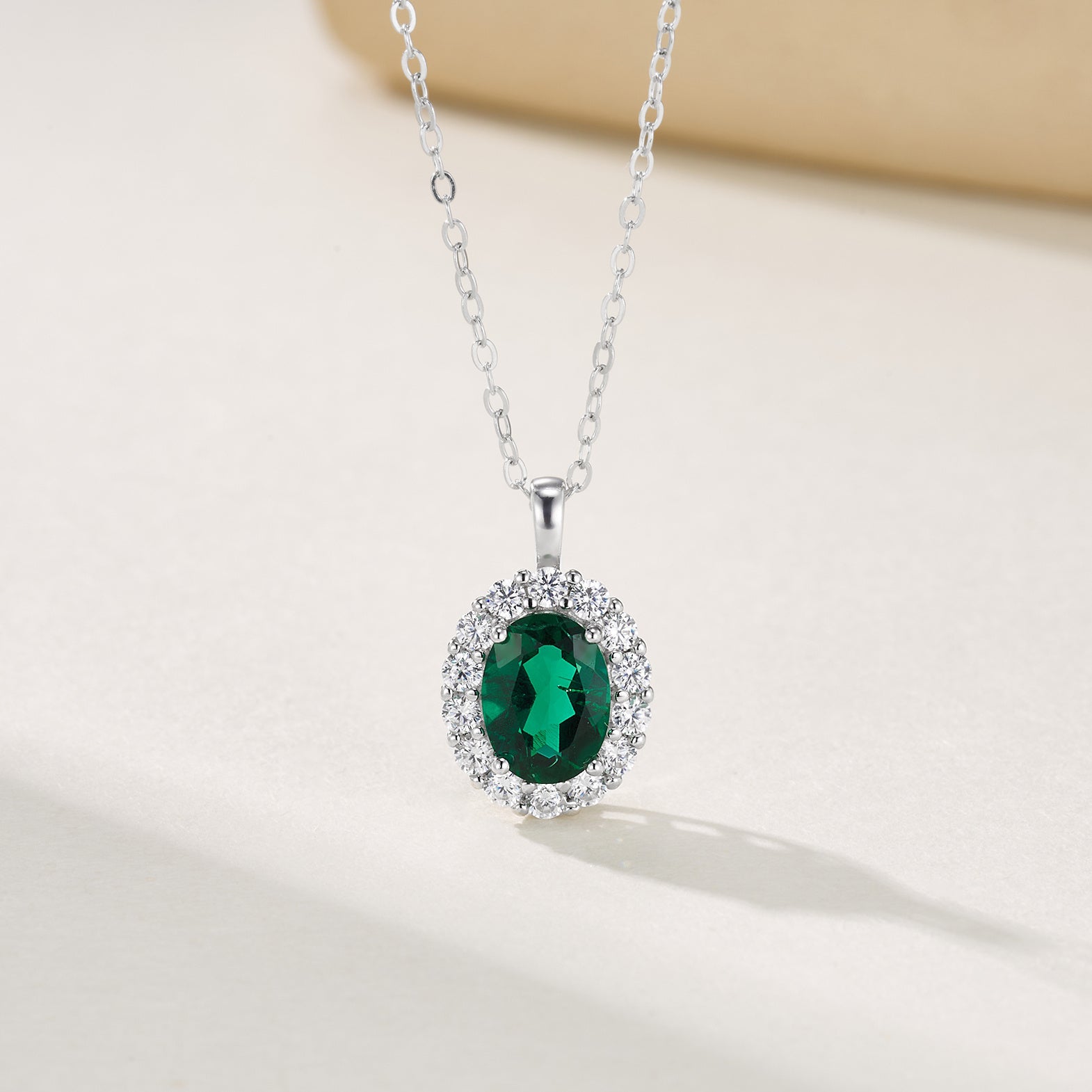 Lab-Grown Emerald - Emerald Oval Diamond Cluster Halo Pendant