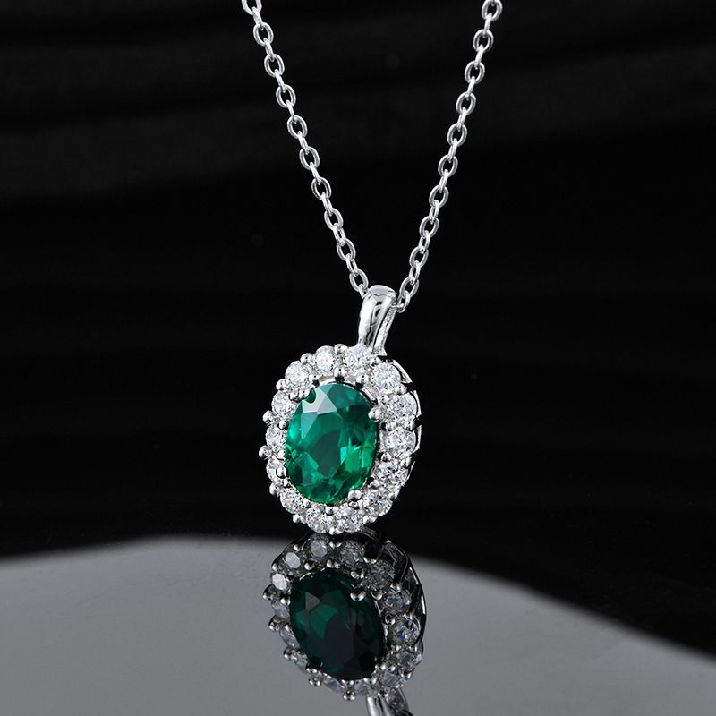 Lab-Grown Emerald - Emerald Oval Diamond Cluster Halo Pendant