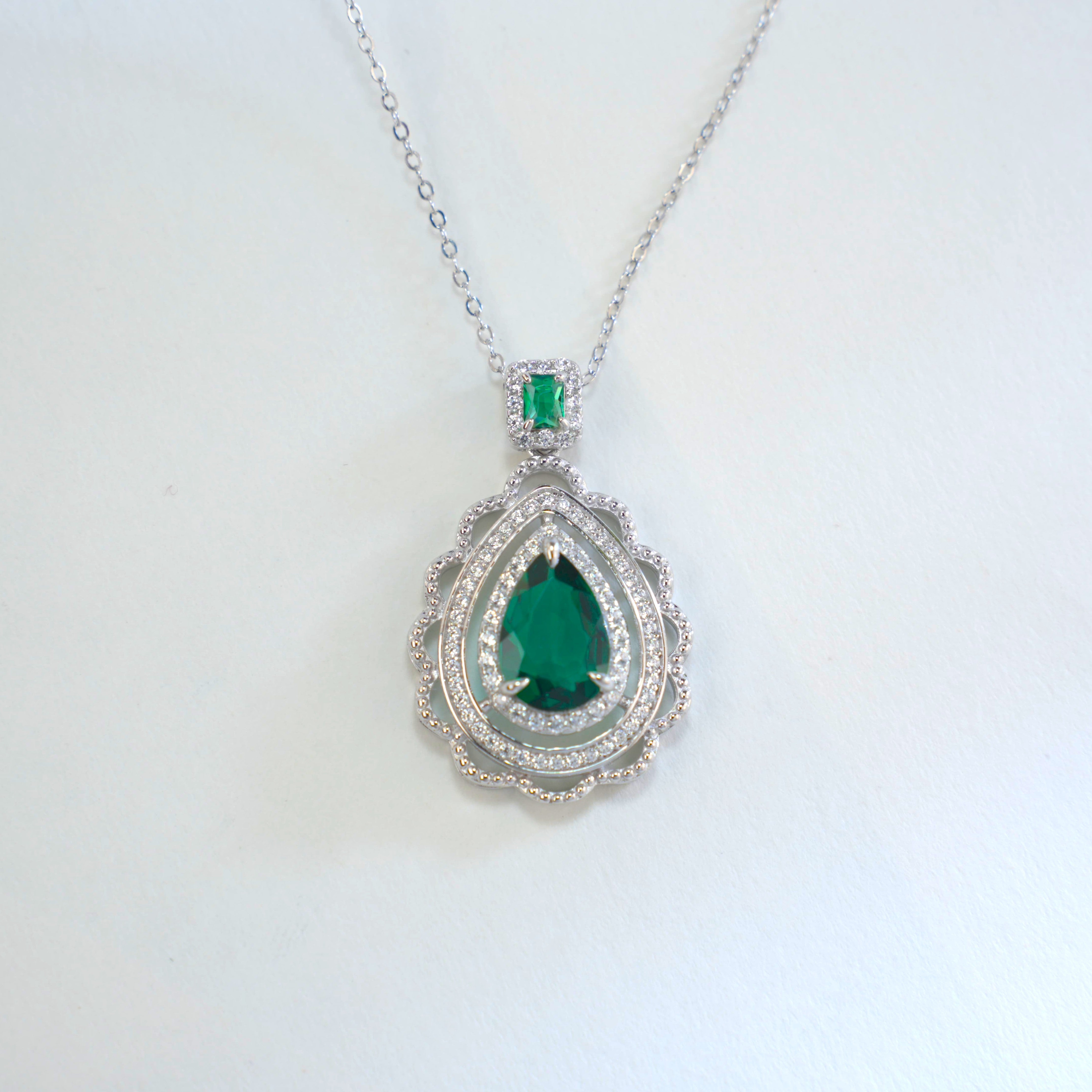 Lab-Grown Emerald - Emerald Teardrop Diamond-Layered Luxury Pendant