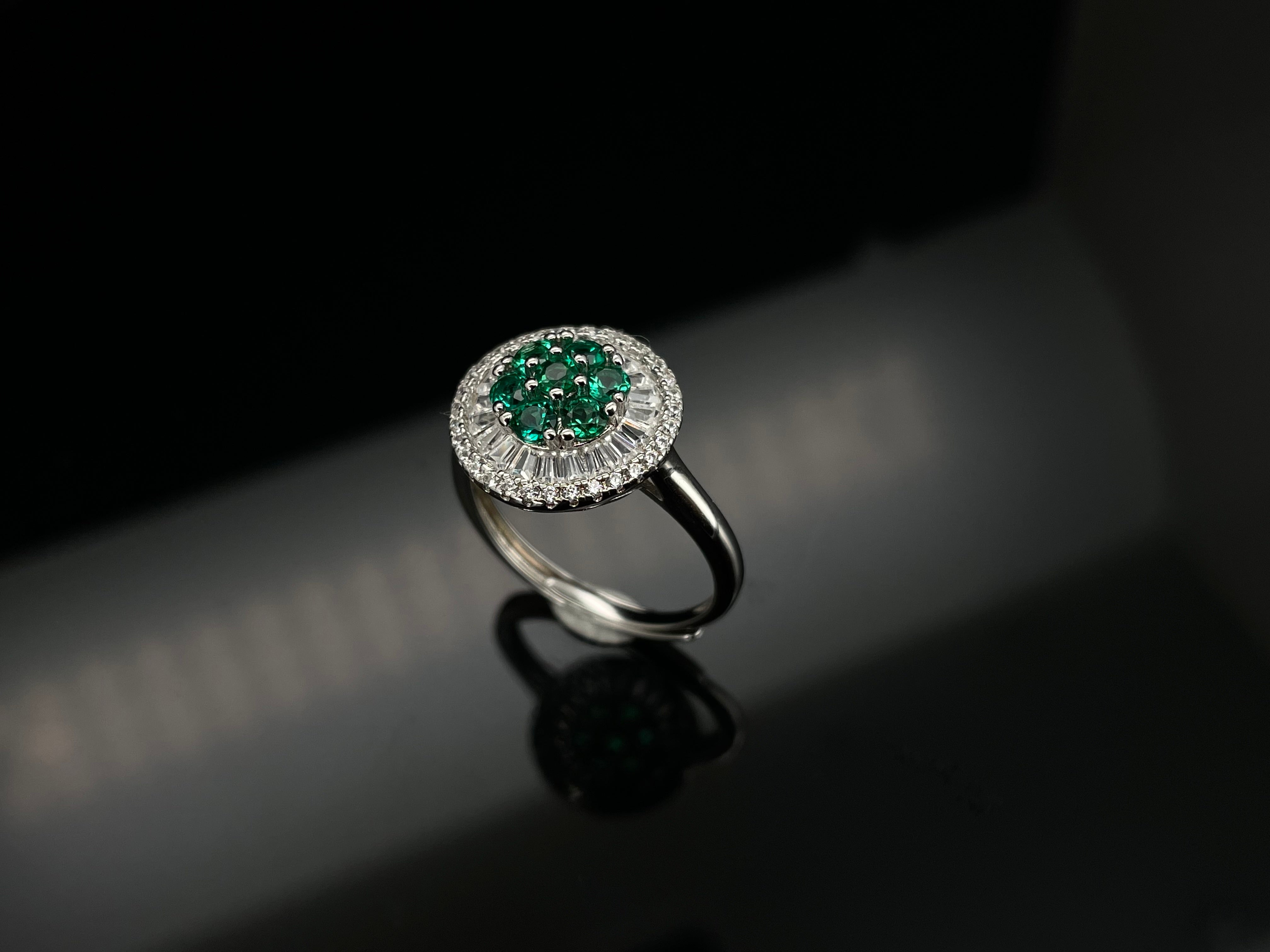 Lab-Grown Emerald - Emerald Cluster Diamond Halo Floral Ring