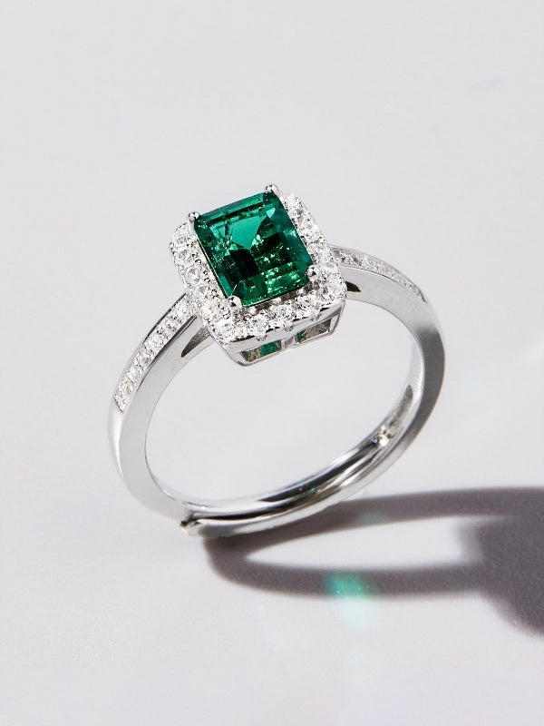 Lab-Grown Emerald - Square Emerald Diamond-Encircled Elegant Luxury Ring