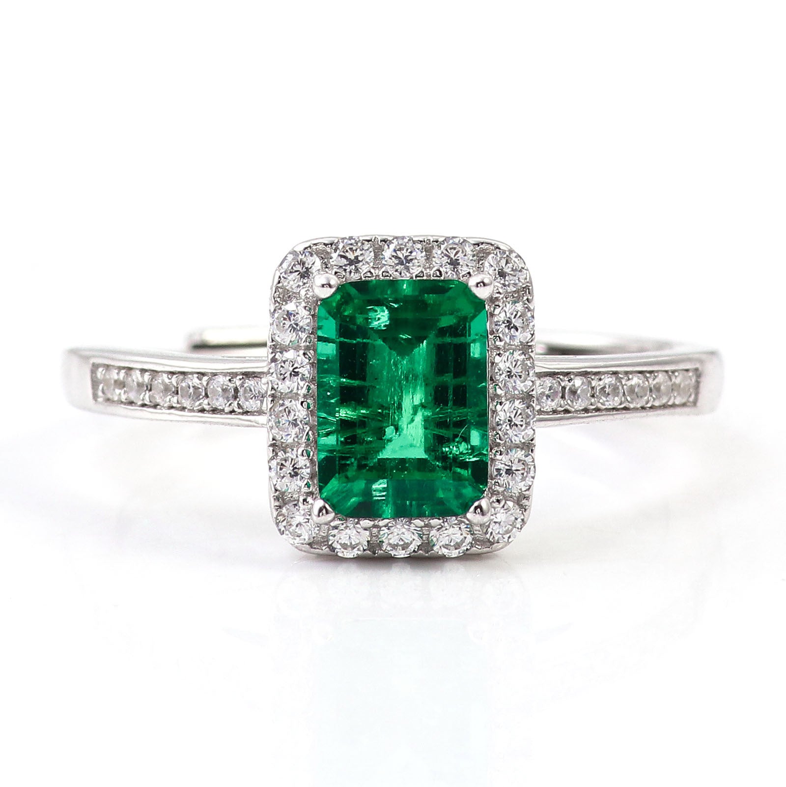 Lab-Grown Emerald - Square Emerald Diamond-Encircled Elegant Luxury Ring