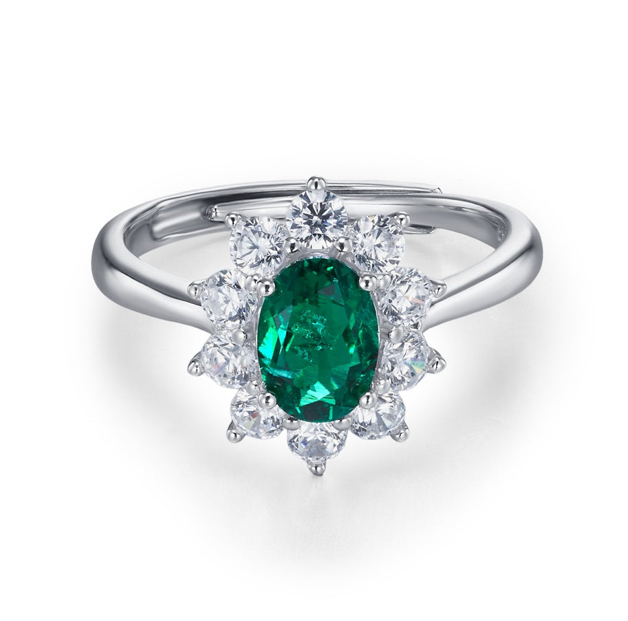 Lab-Grown Emerald - Oval Emerald Diamond Cluster Starburst Ring