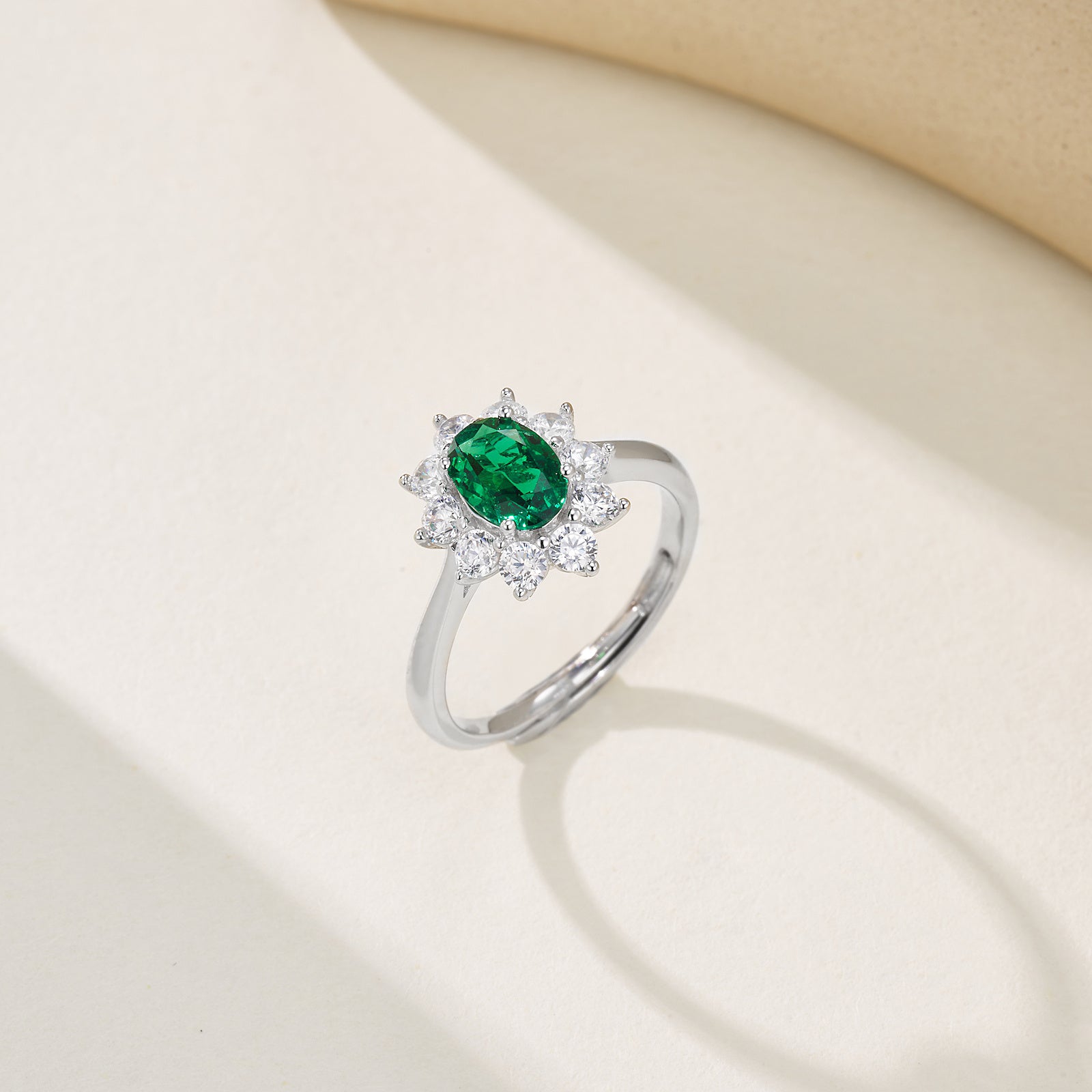 Lab-Grown Emerald - Oval Emerald Diamond Cluster Starburst Ring