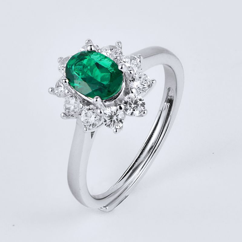 Lab-Grown Emerald - Oval Emerald Diamond Cluster Starburst Ring