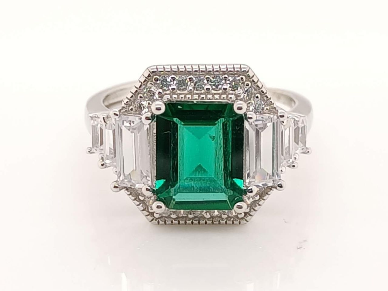 Lab-Grown Emerald - Rectangular Emerald Diamond-Encircled Octagonal Star Ring