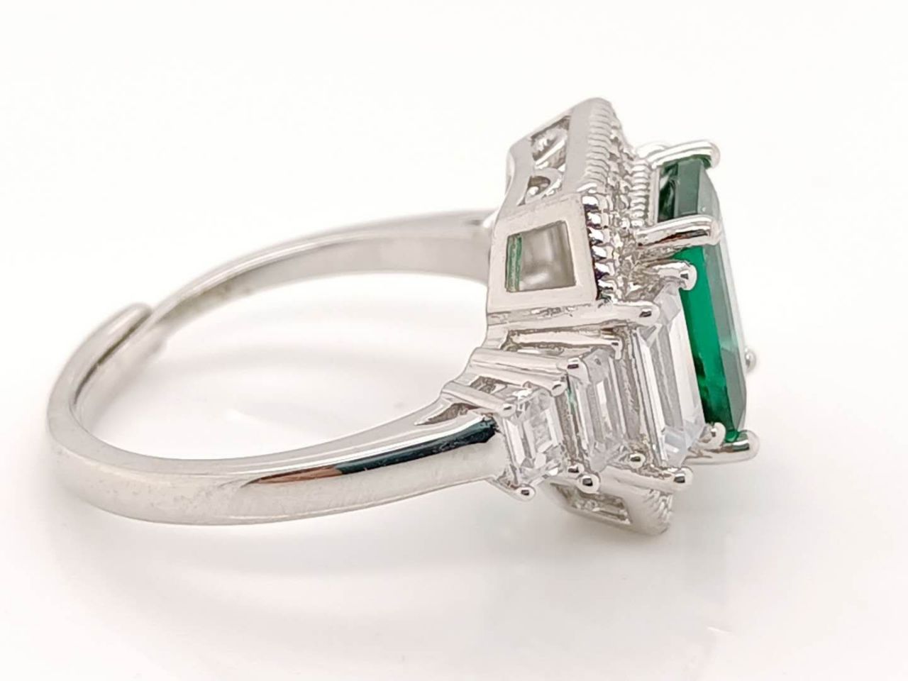 Lab-Grown Emerald - Rectangular Emerald Diamond-Encircled Octagonal Star Ring