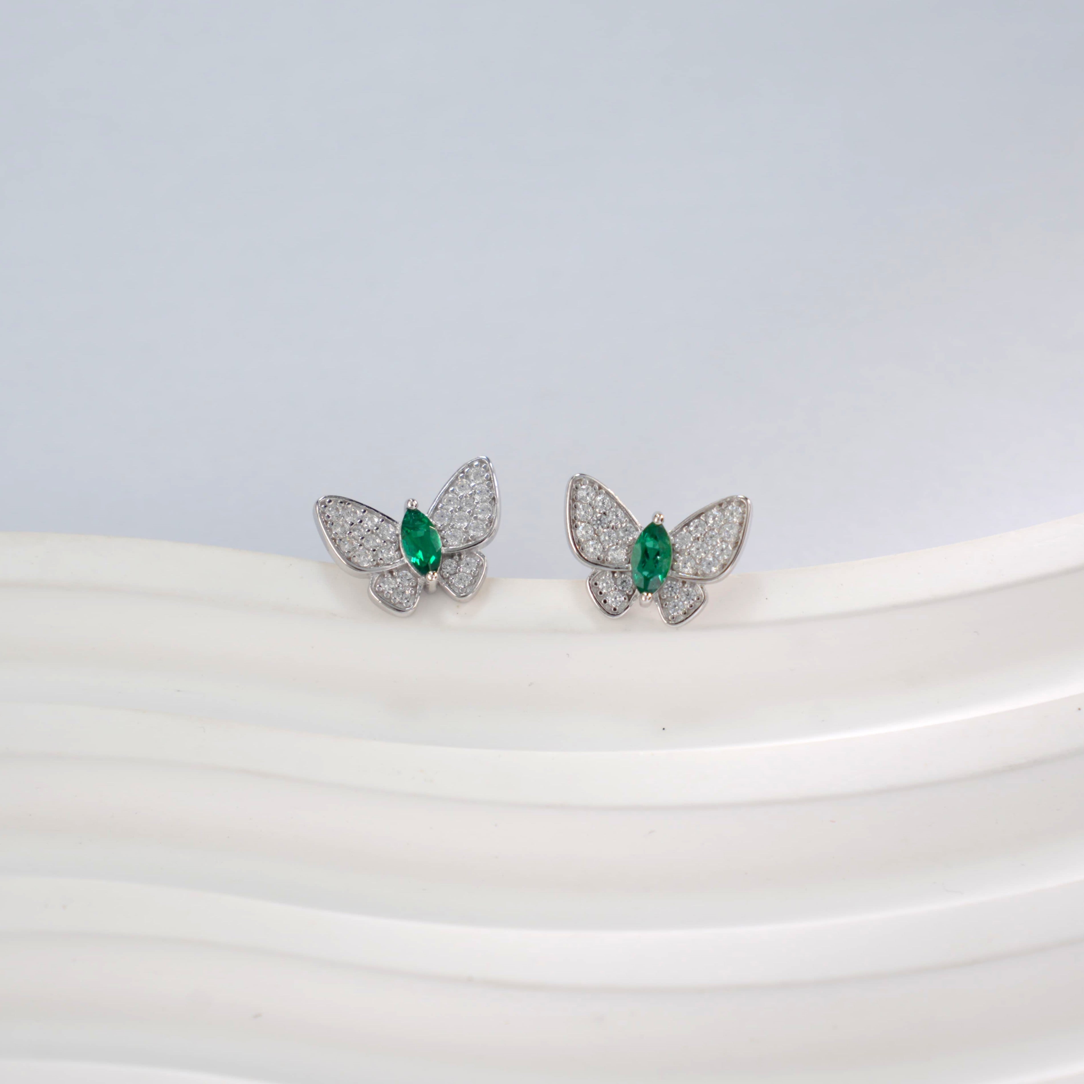 Lab-Grown Emerald - Emerald Feather Diamond Butterfly Graceful Dance Earrings