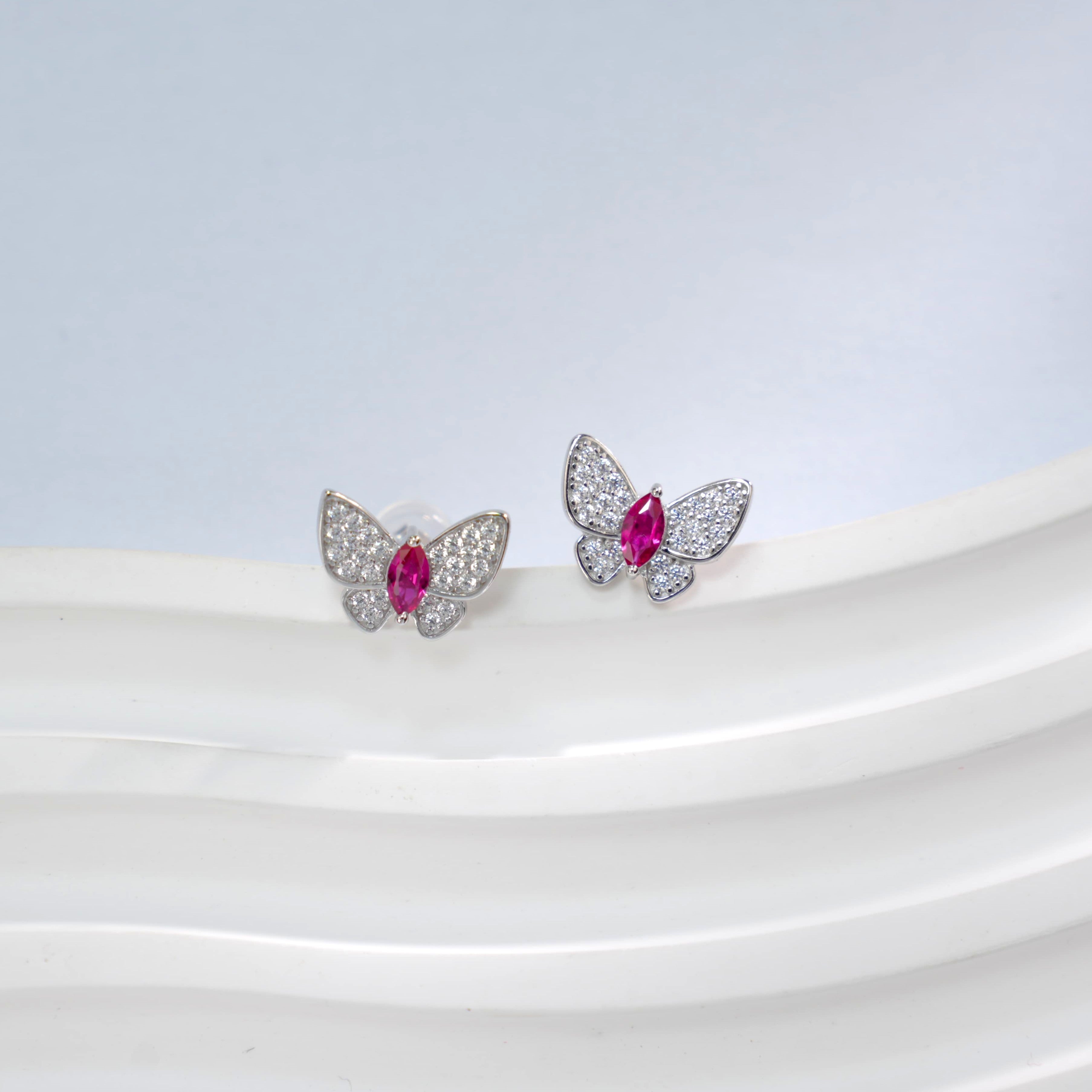 Lab-Grown Emerald - Emerald Feather Diamond Butterfly Graceful Dance Earrings