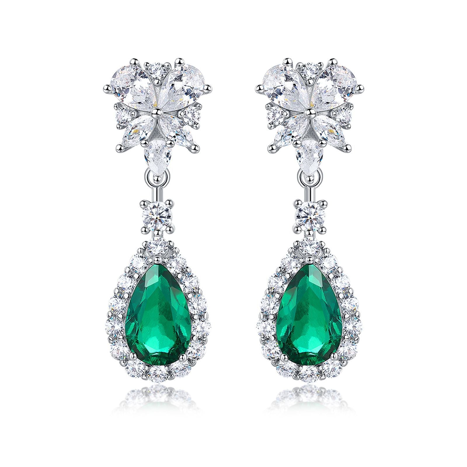 Lab-Grown Emerald - Dewy Emerald Diamond Flower Layered Drop Earrings