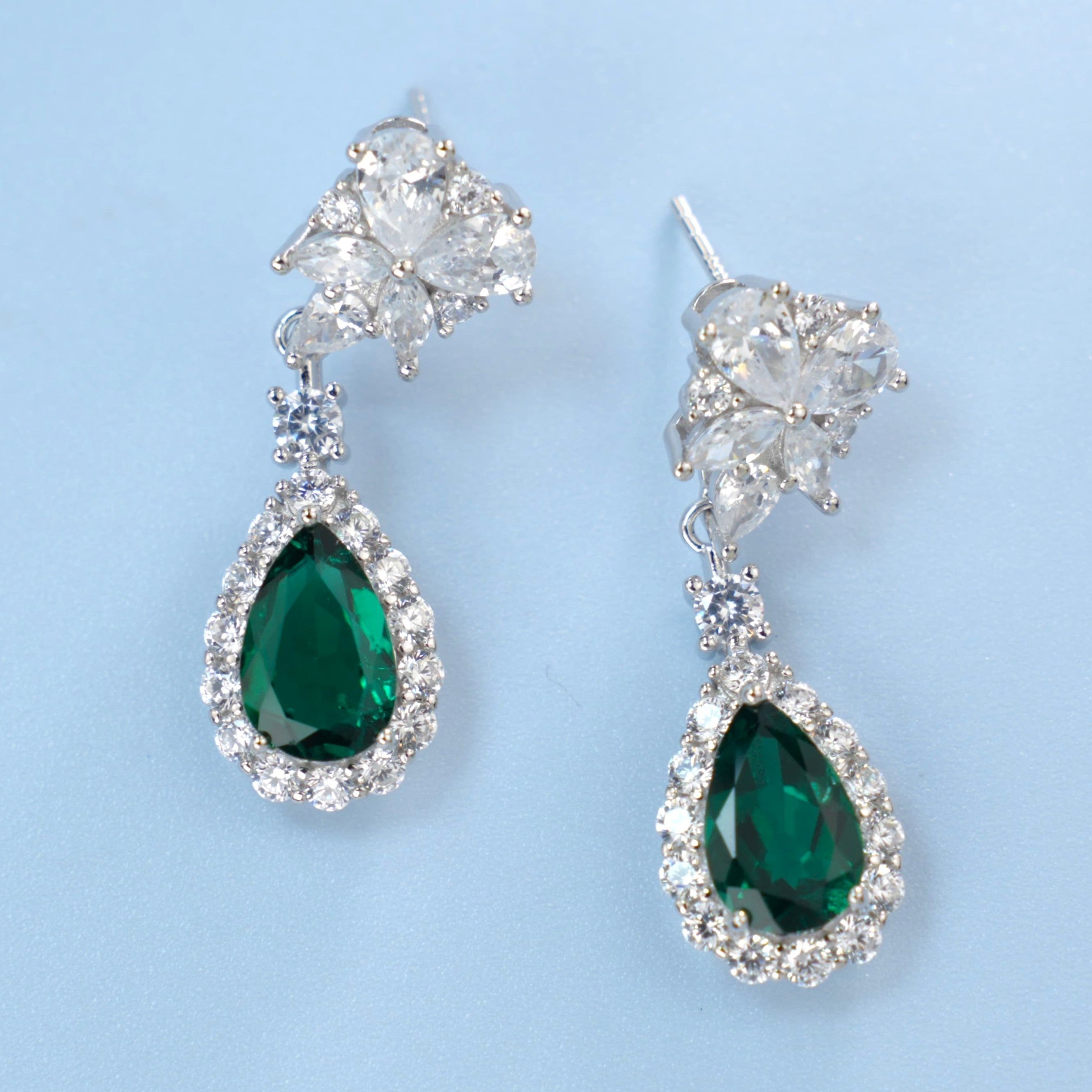 Lab-Grown Emerald - Dewy Emerald Diamond Flower Layered Drop Earrings