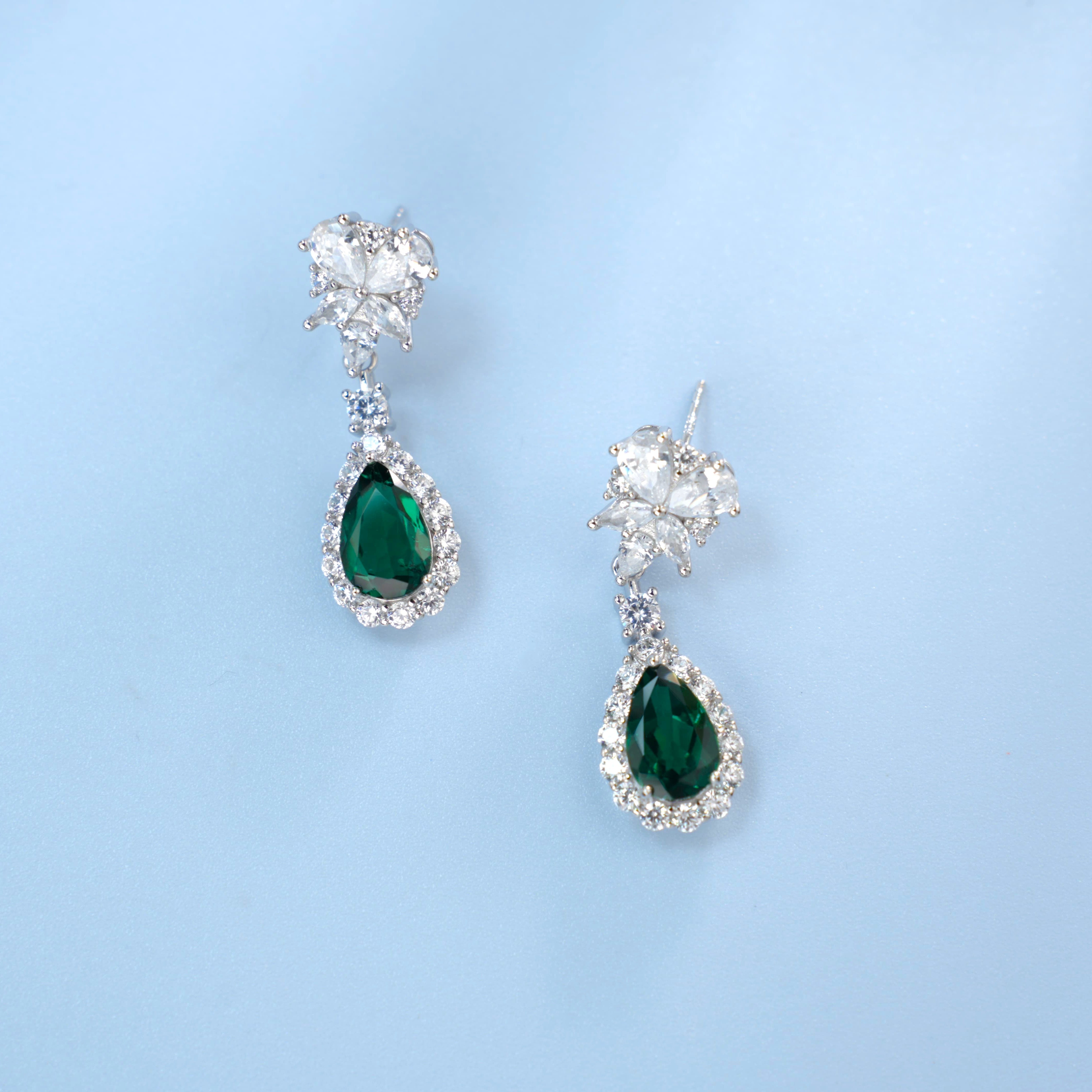 Lab-Grown Emerald - Dewy Emerald Diamond Flower Layered Drop Earrings