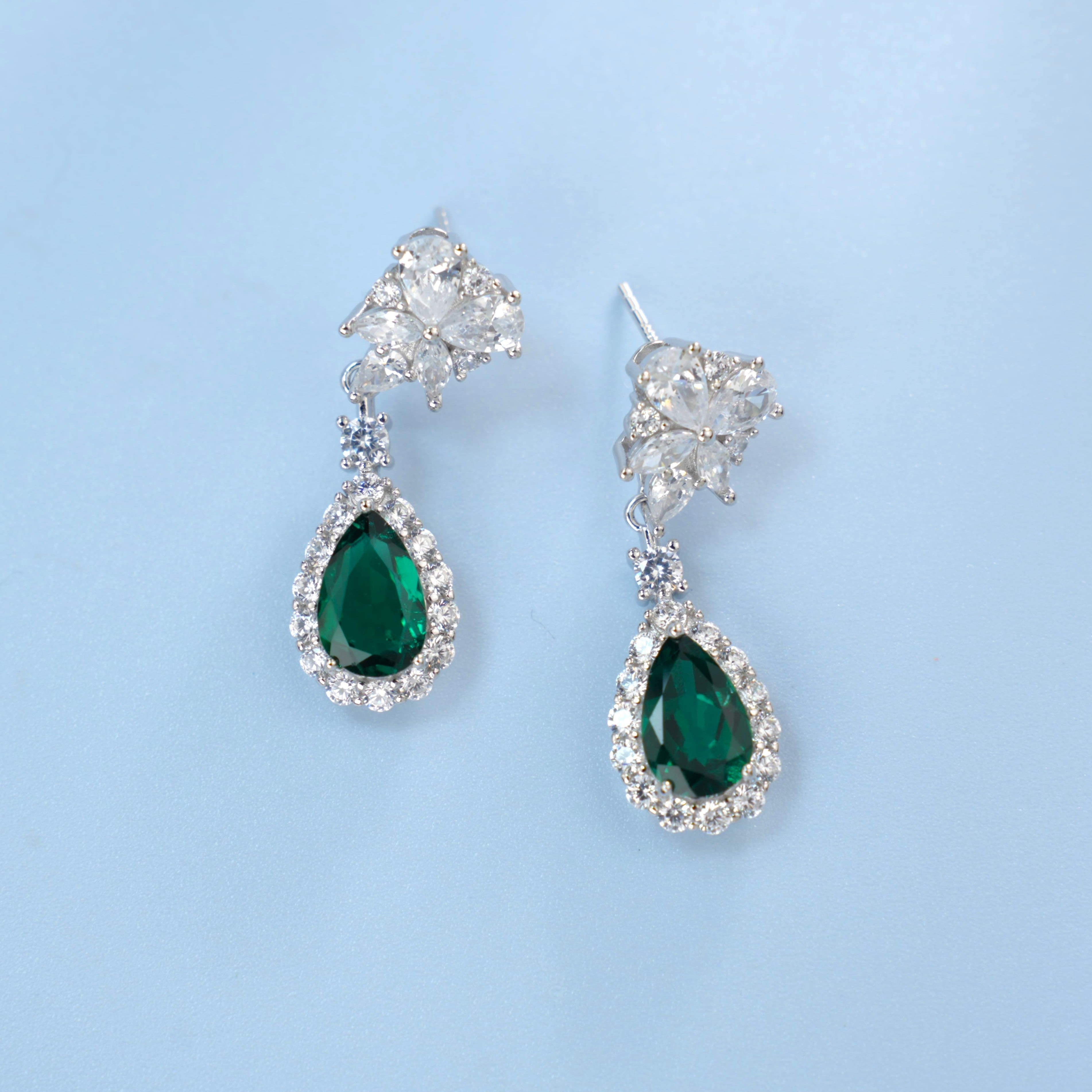 Lab-Grown Emerald - Dewy Emerald Diamond Flower Layered Drop Earrings