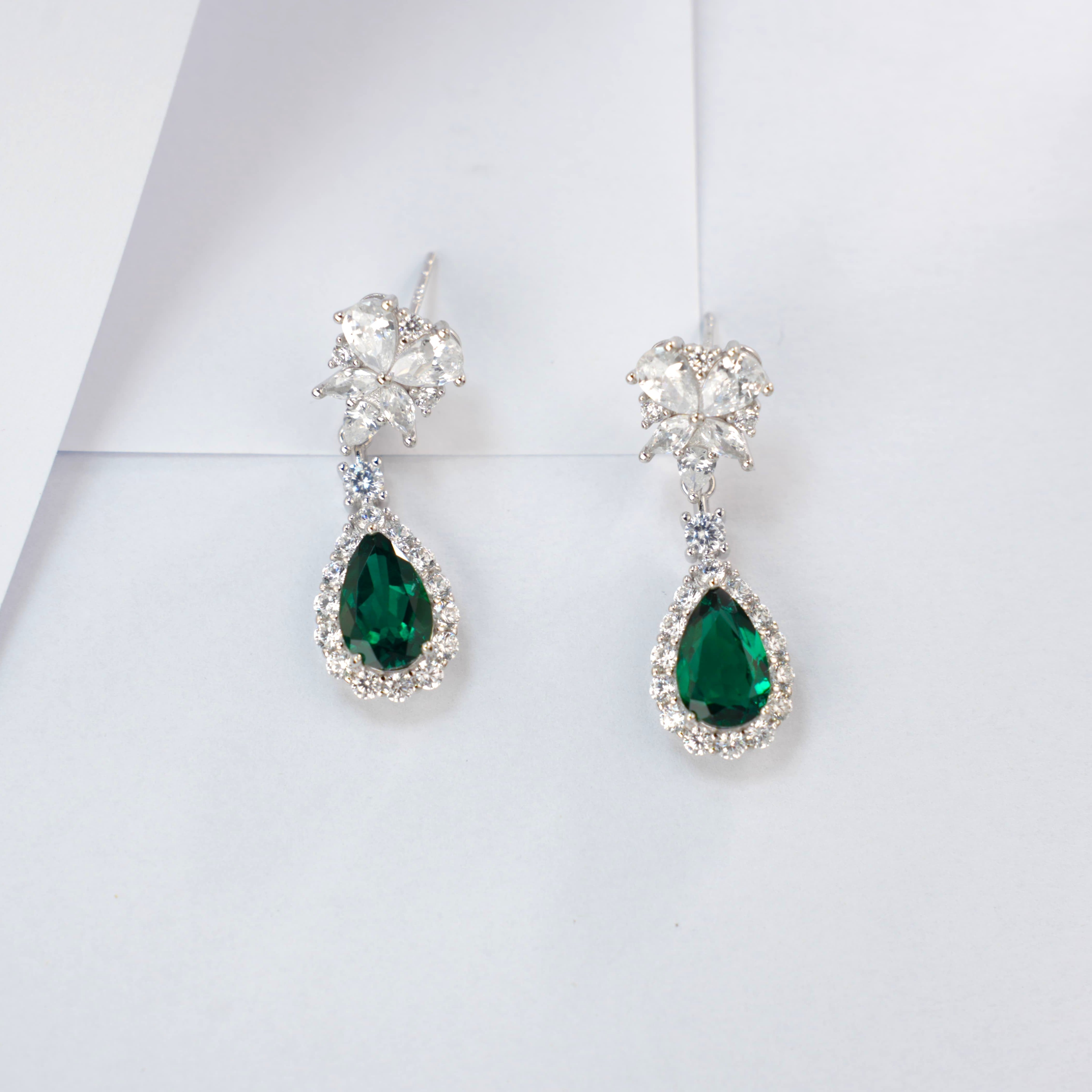 Lab-Grown Emerald - Dewy Emerald Diamond Flower Layered Drop Earrings
