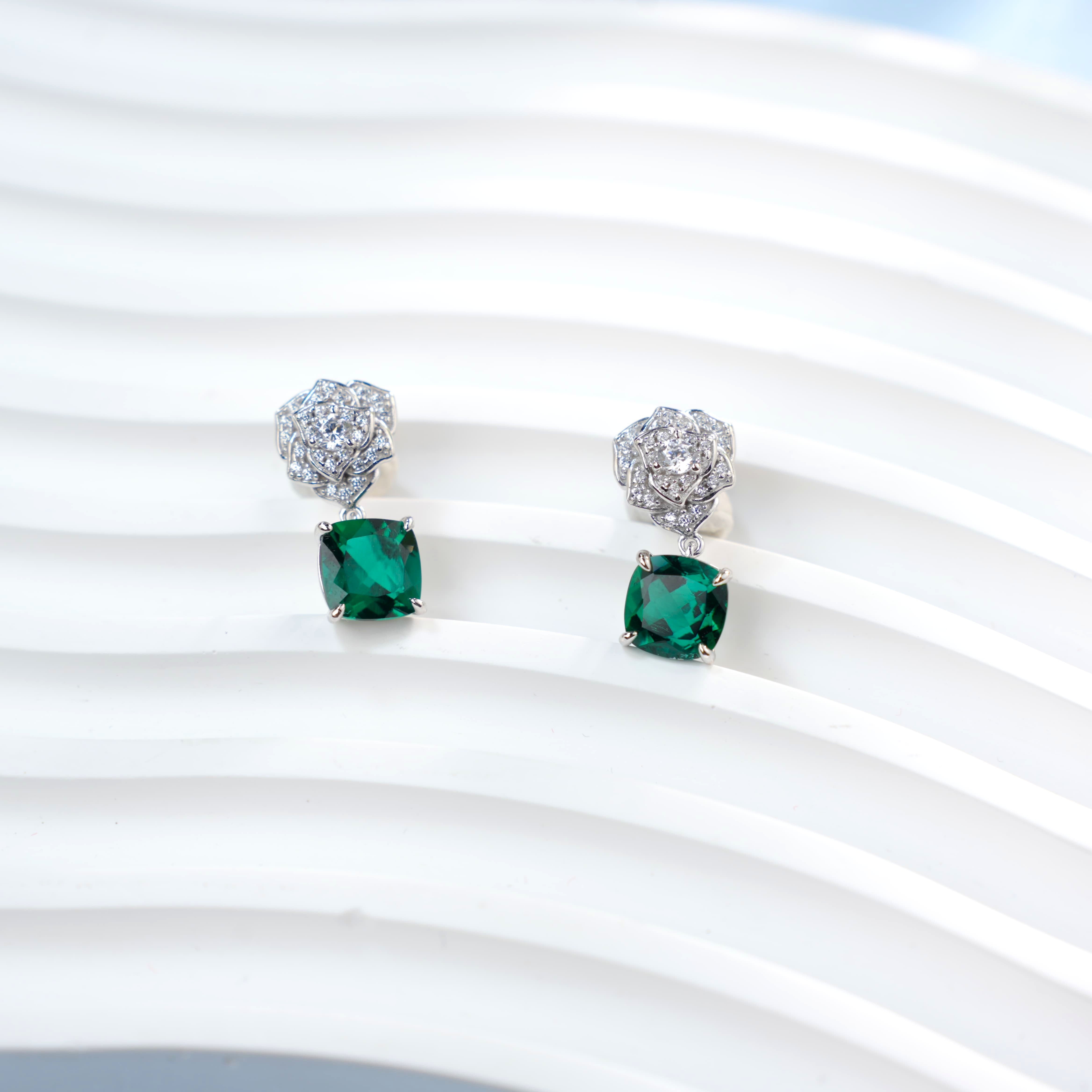 Lab-Grown Ruby - Crimson Square Diamond Flower Layered Drop Earrings