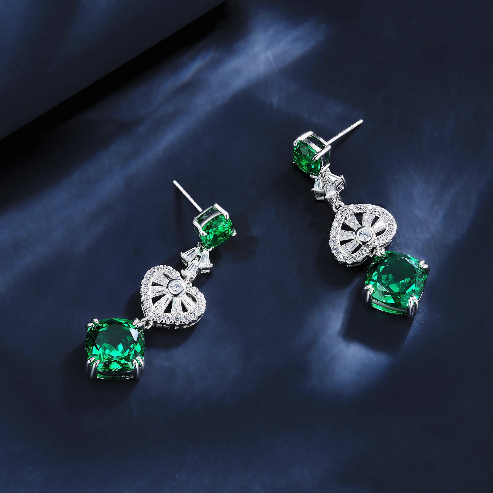 Lab-Grown Emerald - Emerald Rhombus Diamond Fan Layered Drop Earrings