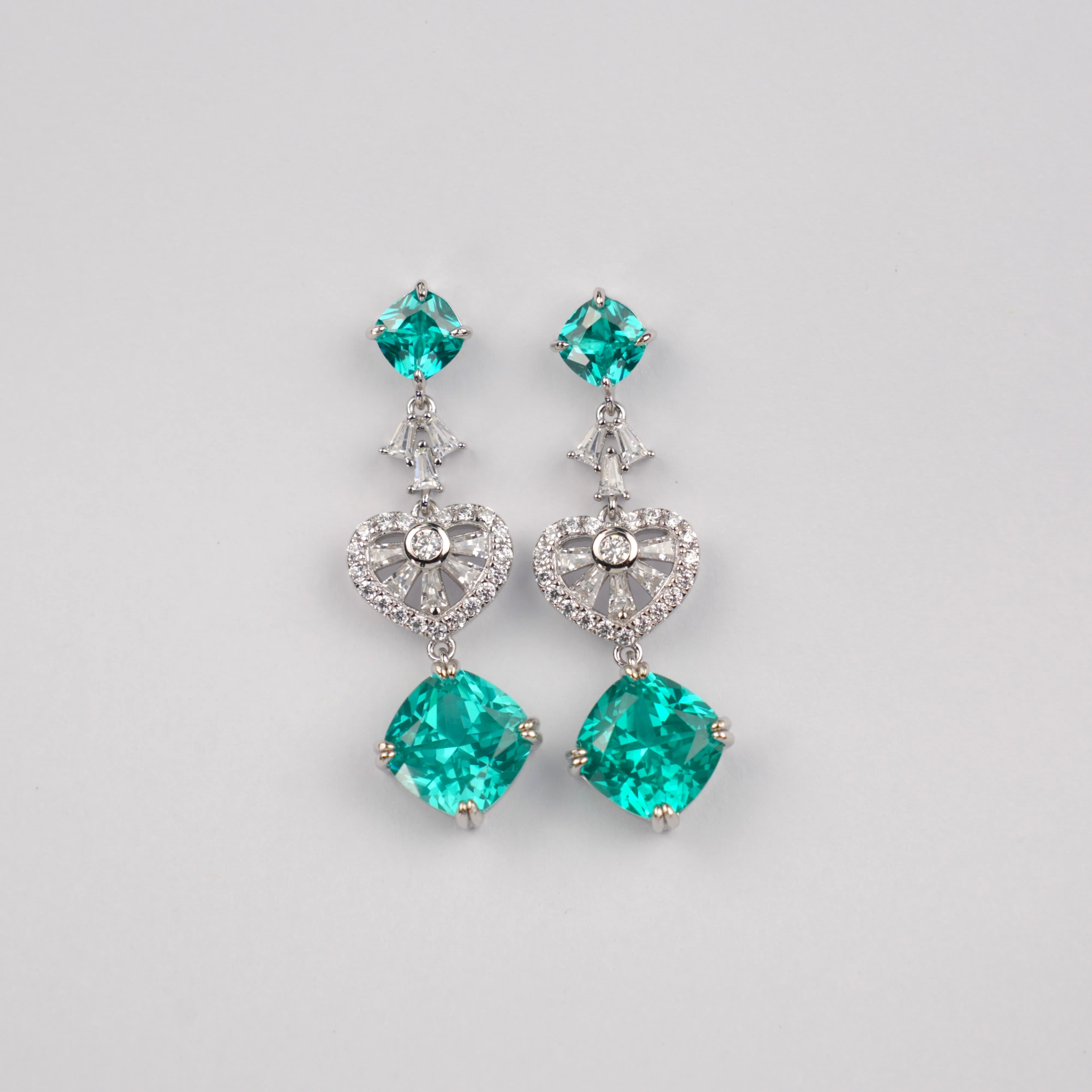 Lab-Grown Emerald - Emerald Rhombus Diamond Fan Layered Drop Earrings