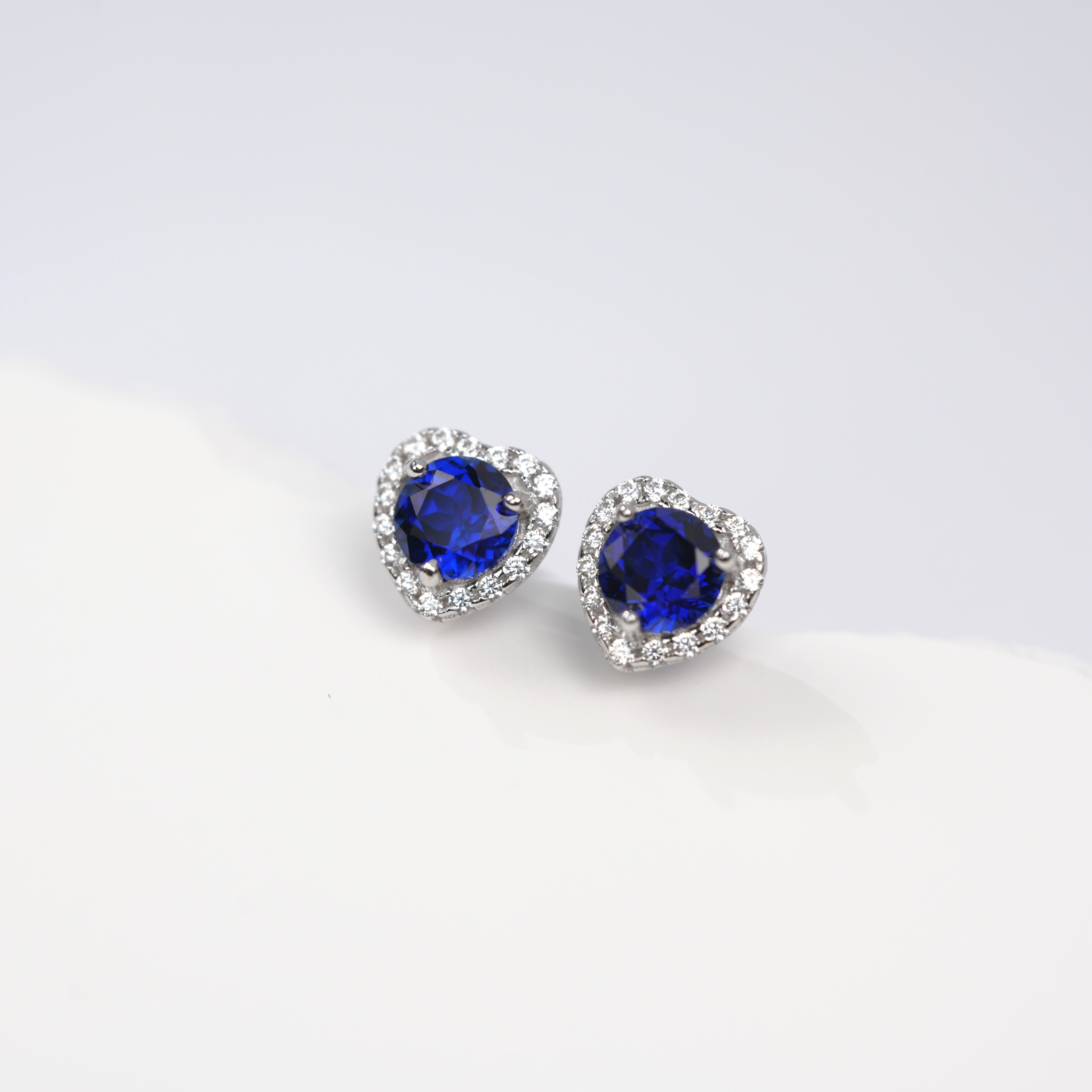Lab-Grown Sapphire - Indigo Round Diamond Heart Starburst Studs