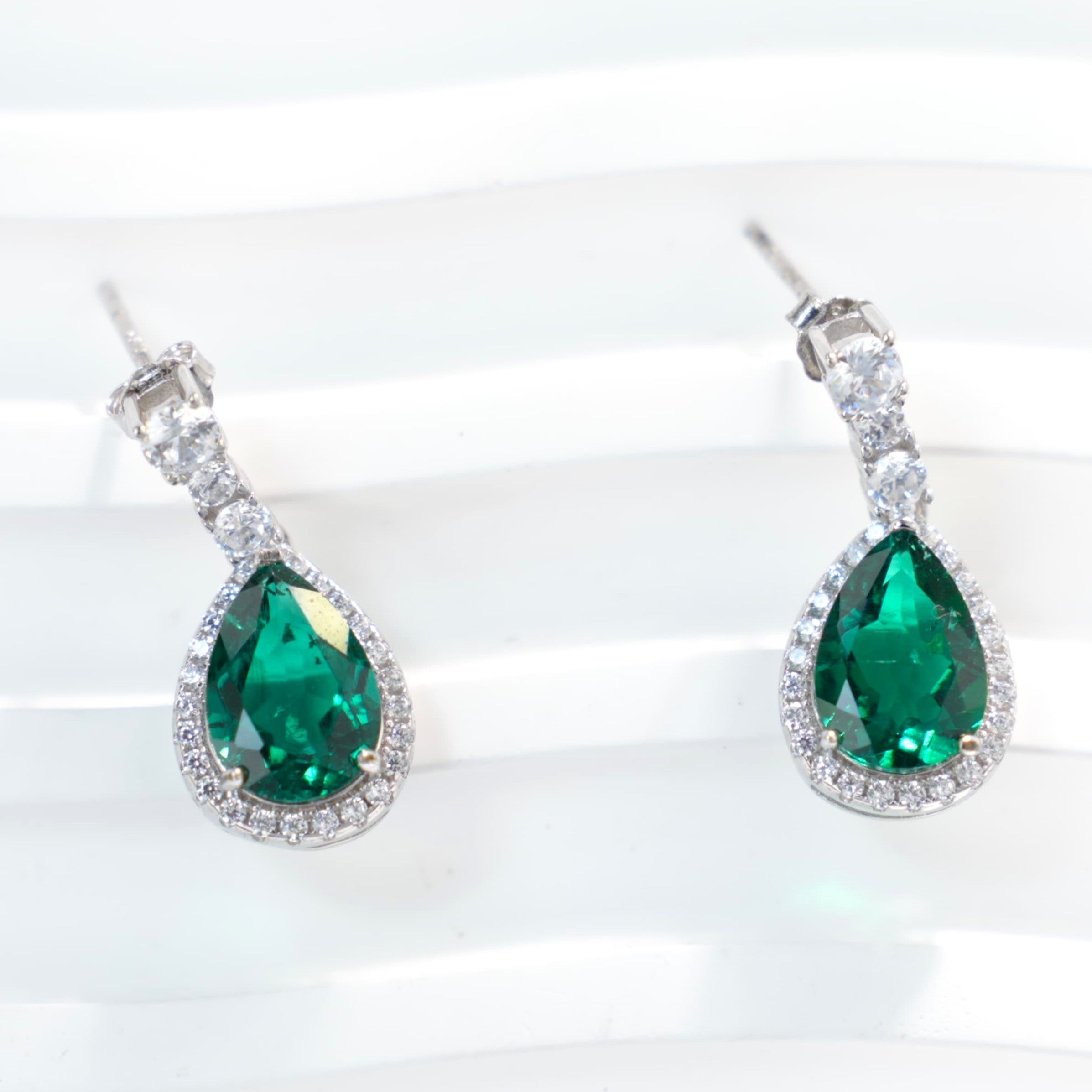Lab-Grown Emerald - Emerald Drop Diamond Halo Soft Pendant Stud Earrings