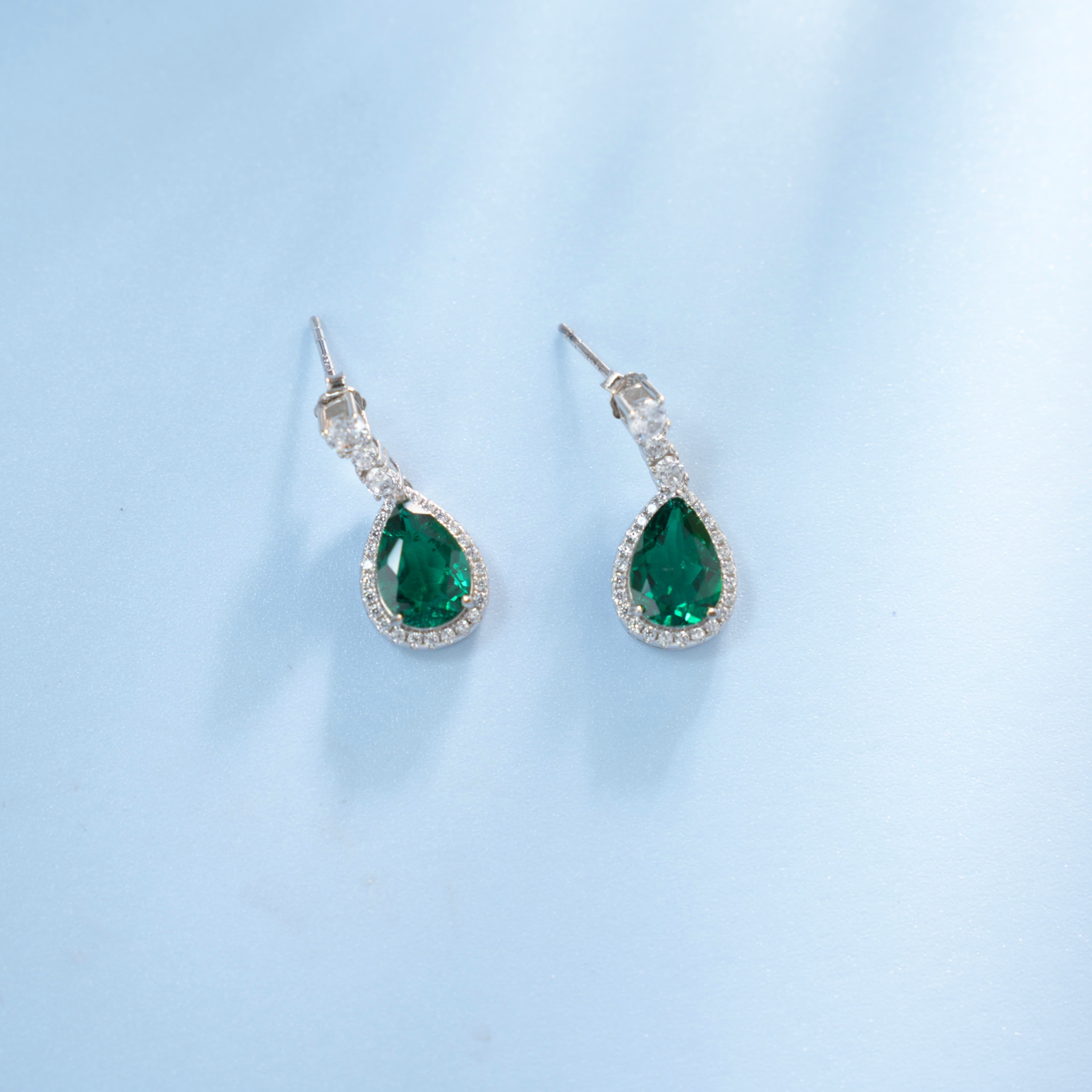 Lab-Grown Emerald - Emerald Drop Diamond Halo Soft Pendant Stud Earrings