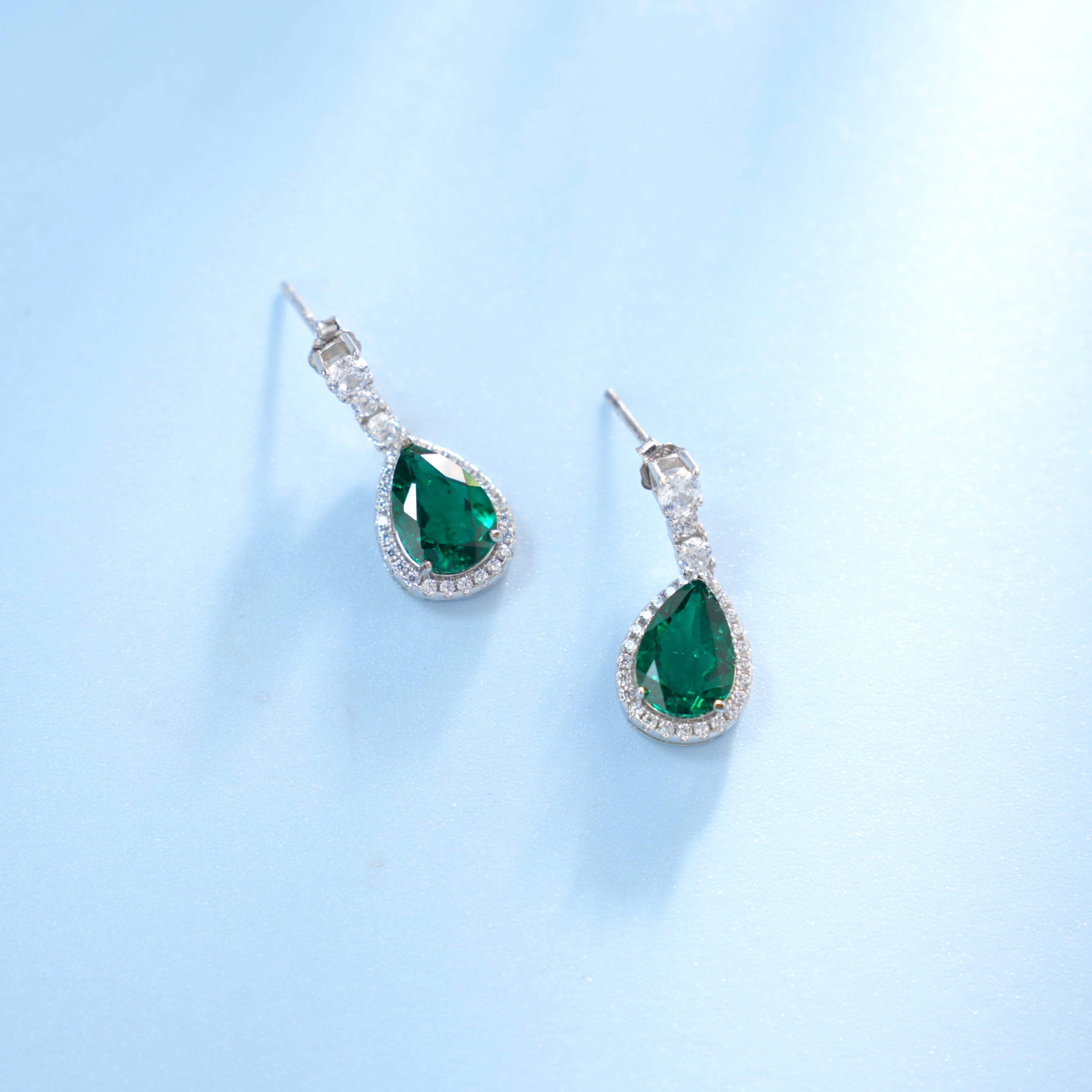 Lab-Grown Emerald - Emerald Drop Diamond Halo Soft Pendant Stud Earrings