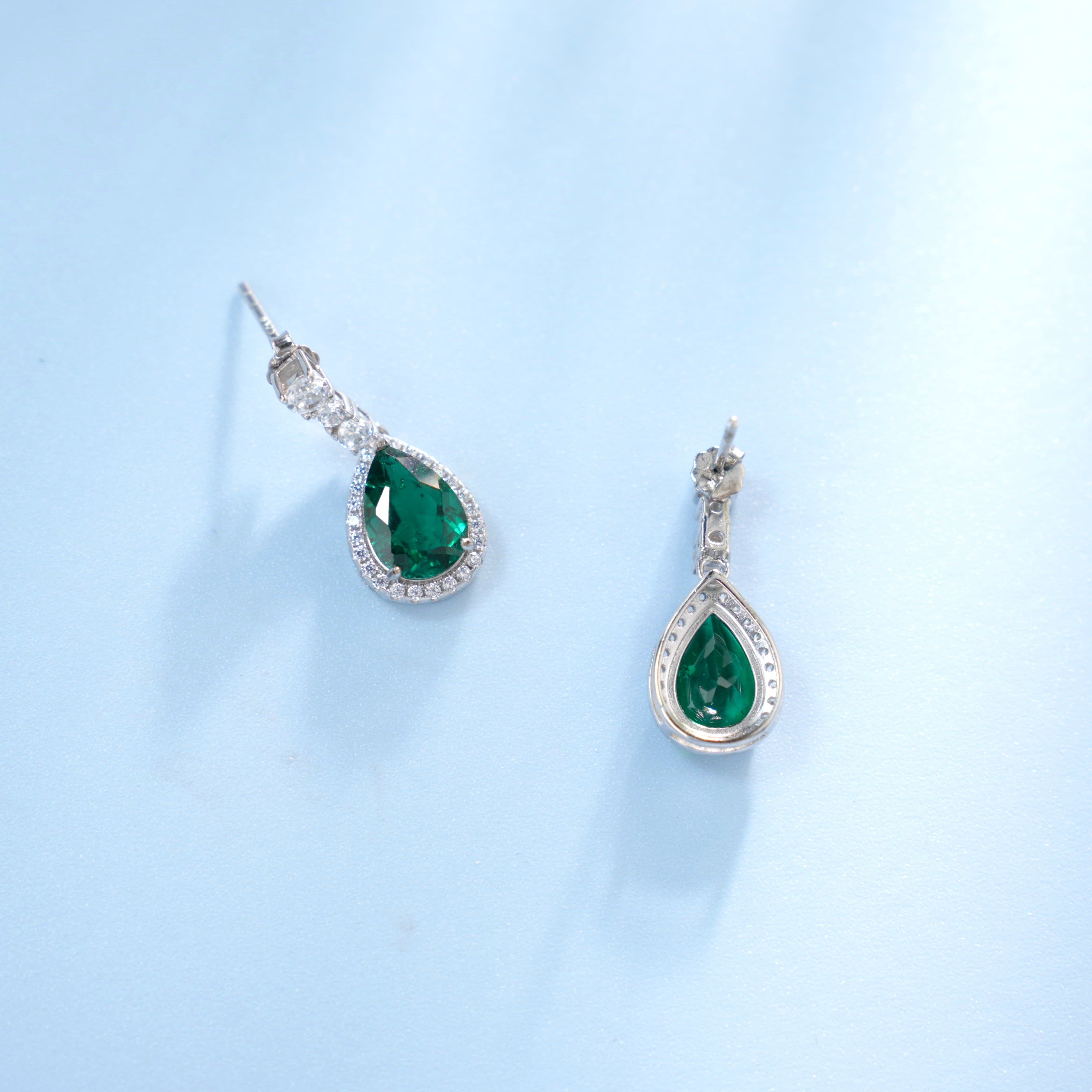 Lab-Grown Emerald - Emerald Drop Diamond Halo Soft Pendant Stud Earrings