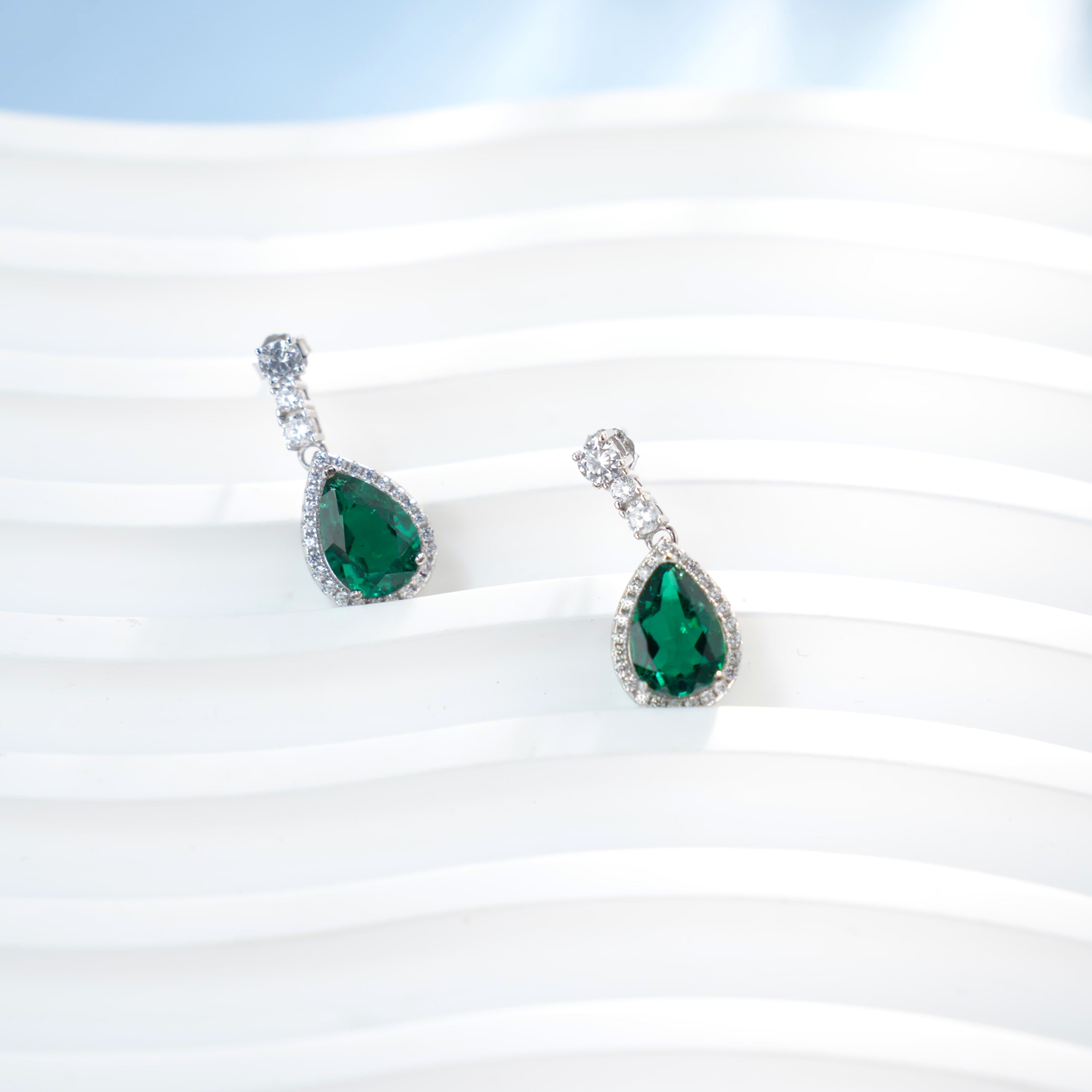 Lab-Grown Emerald - Emerald Drop Diamond Halo Soft Pendant Stud Earrings
