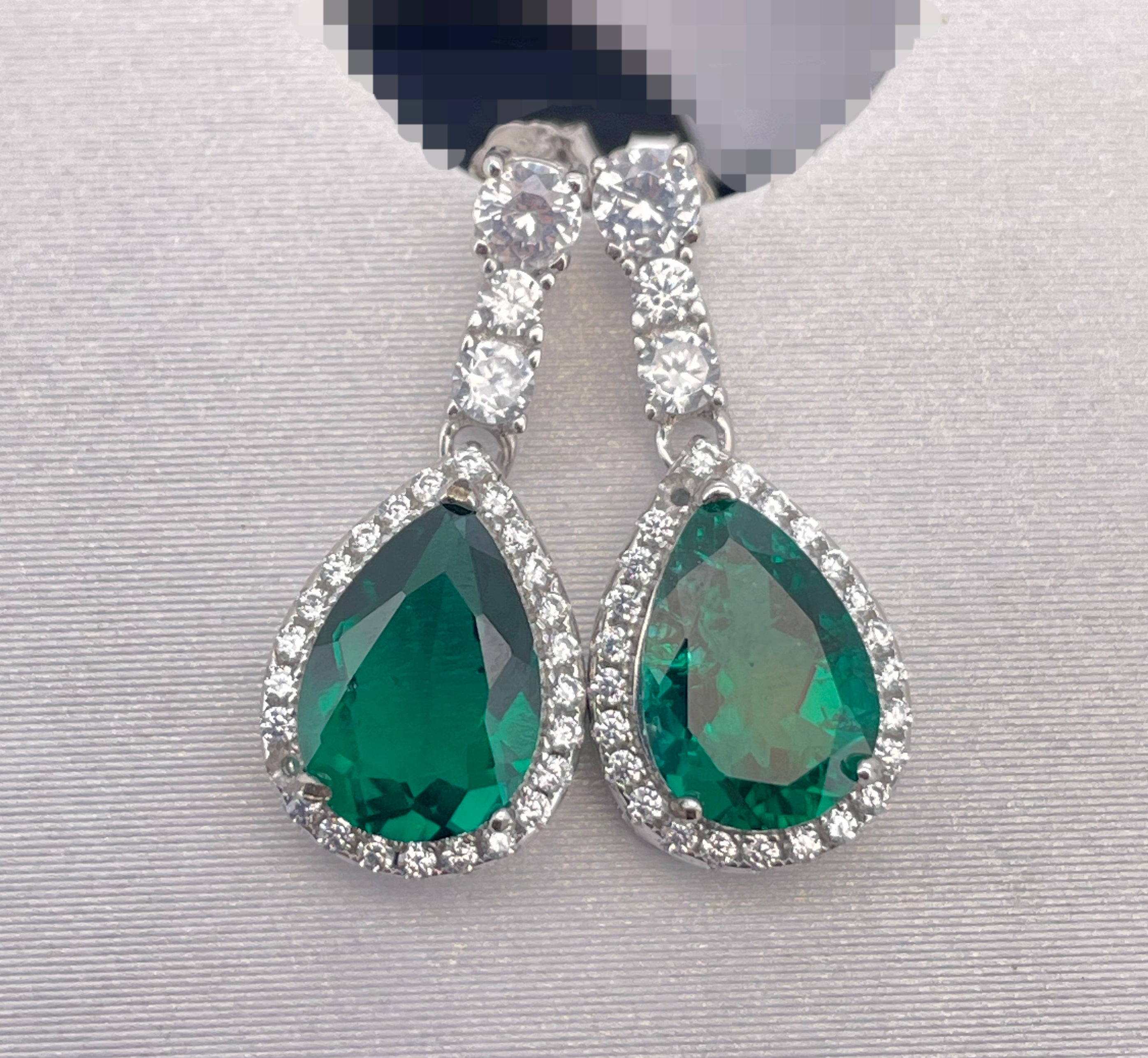 Lab-Grown Emerald - Emerald Drop Diamond Halo Soft Pendant Stud Earrings