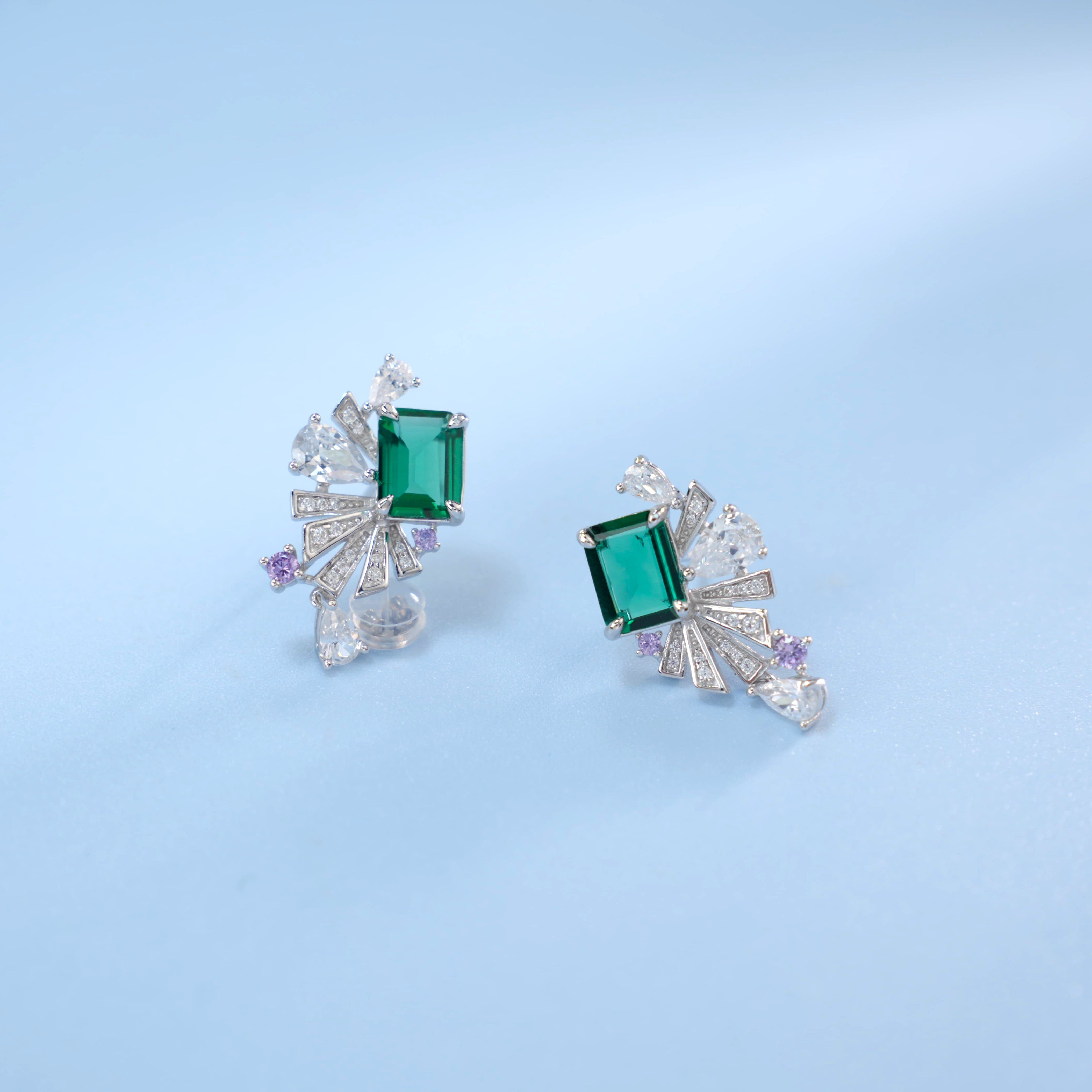 Lab-Grown Ruby - Crimson Rectangle Diamond Plume Colorful Drop Earrings