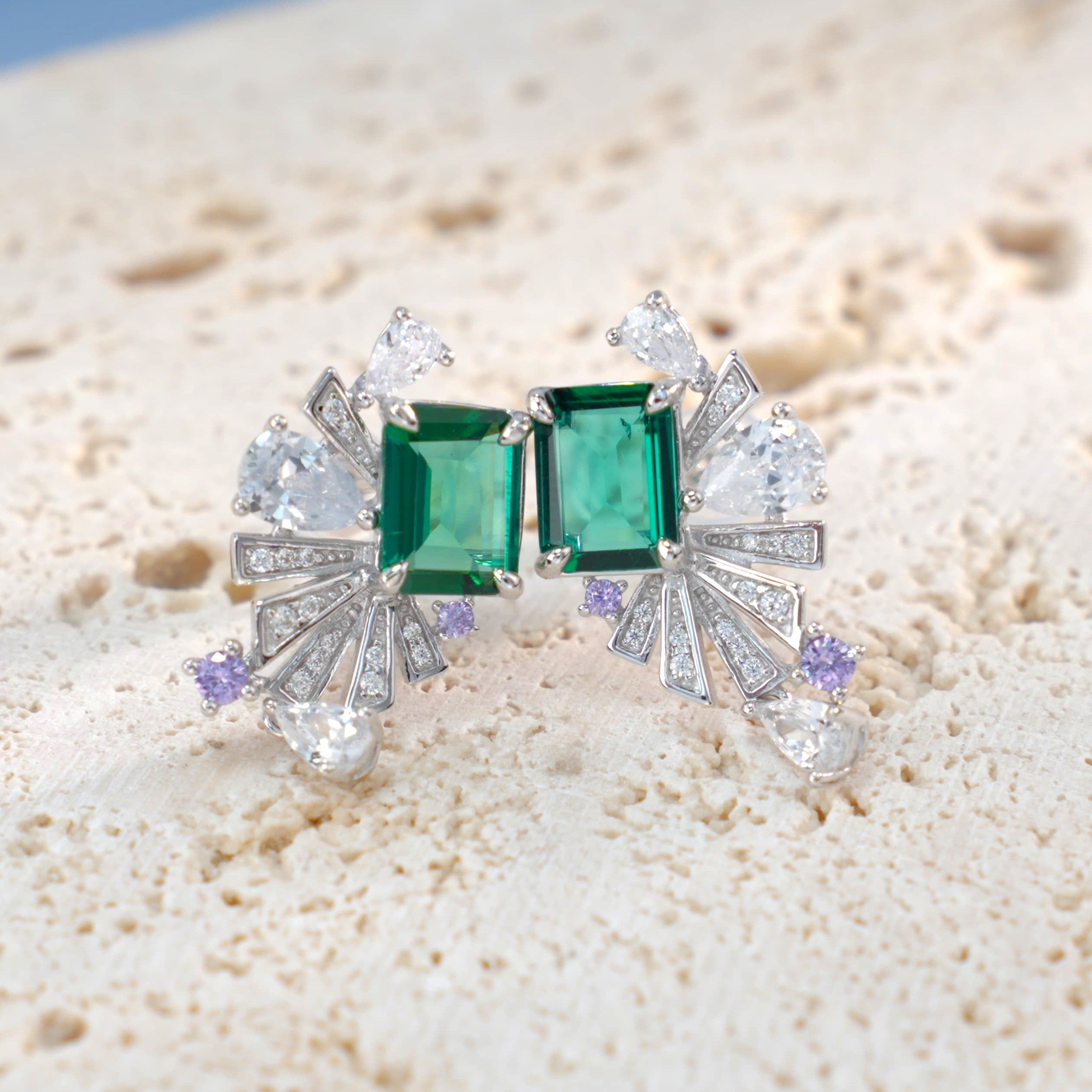 Lab-Grown Ruby - Crimson Rectangle Diamond Plume Colorful Drop Earrings