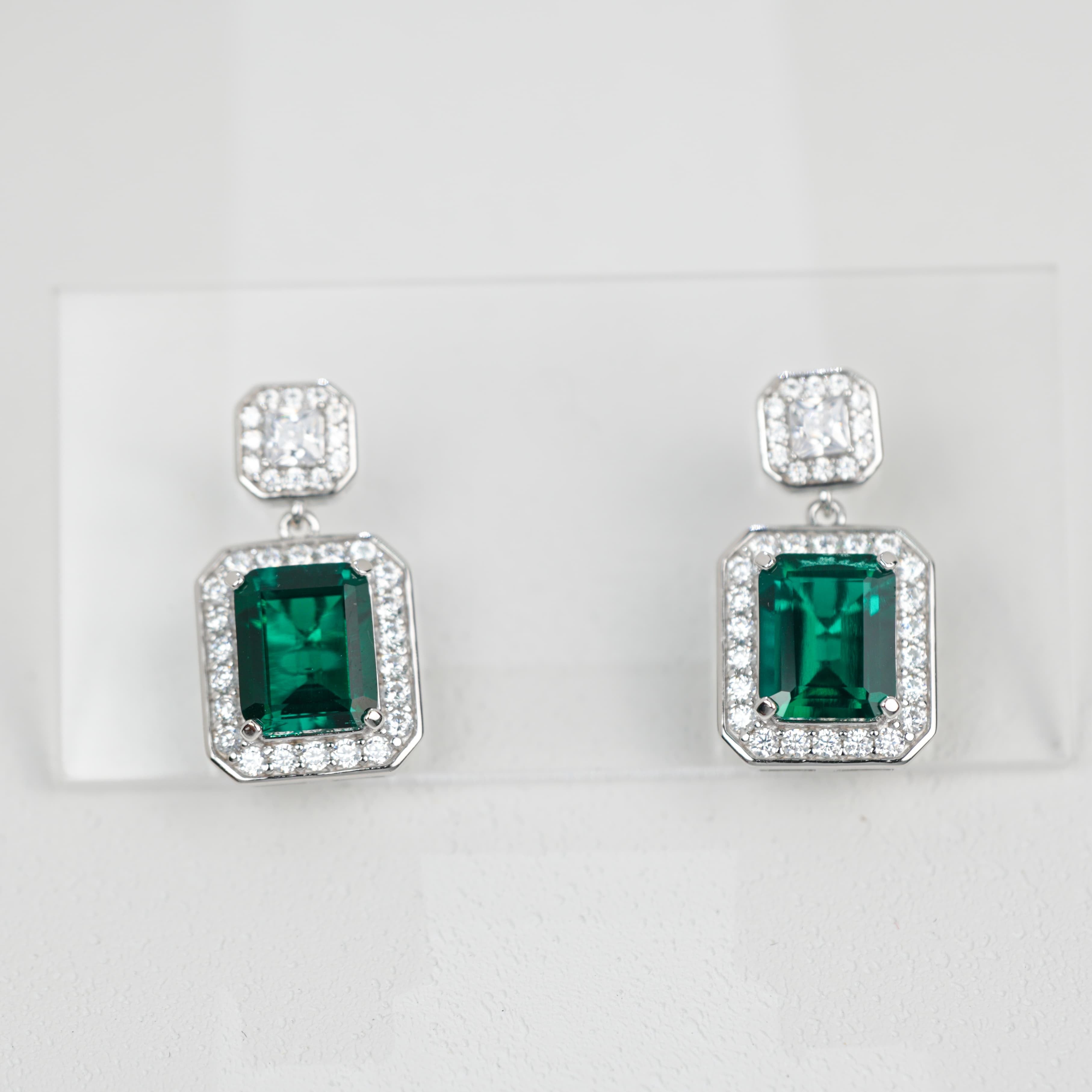 Lab-Grown Emerald - Square Emerald Diamond-Framed Layered Charm Earrings