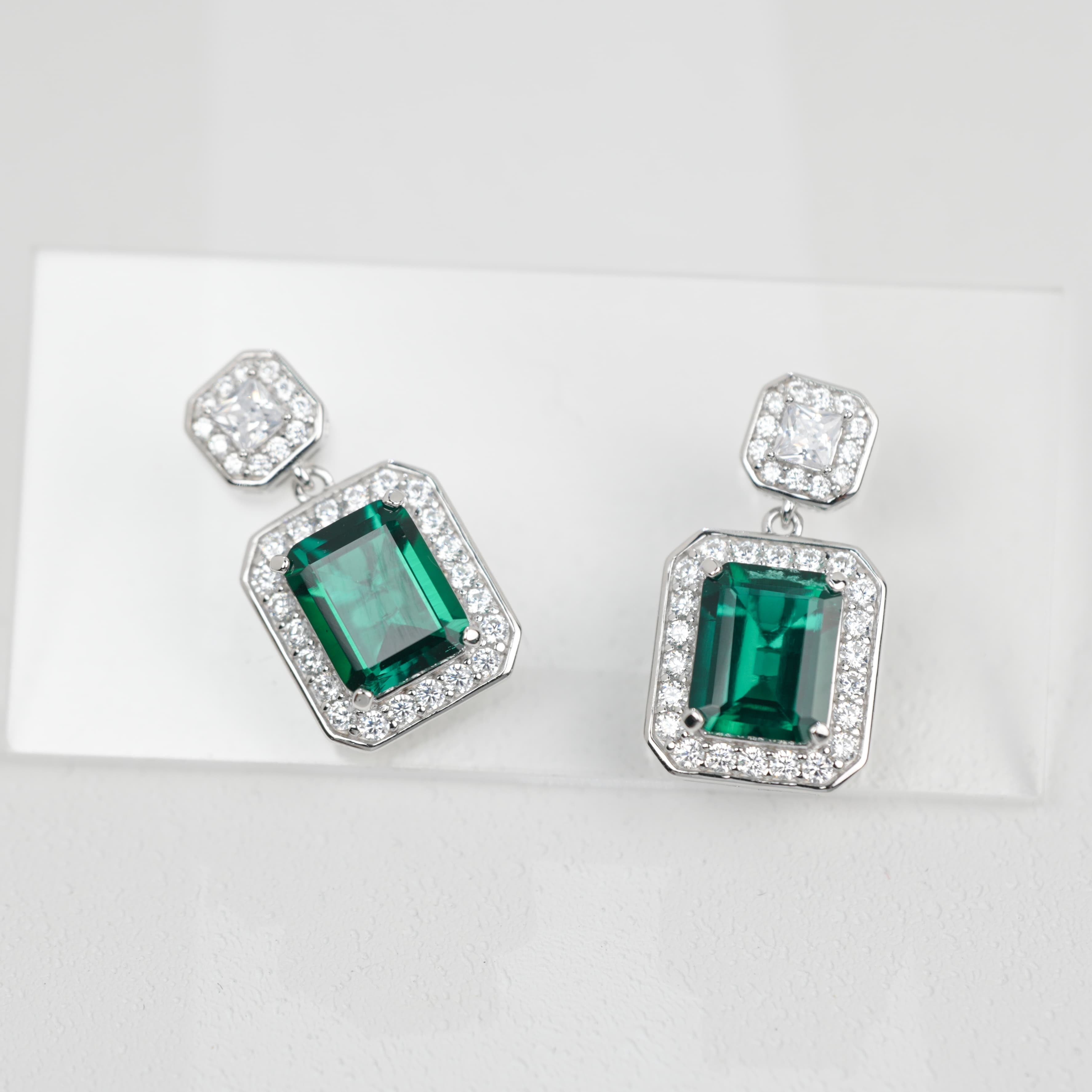 Lab-Grown Emerald - Square Emerald Diamond-Framed Layered Charm Earrings