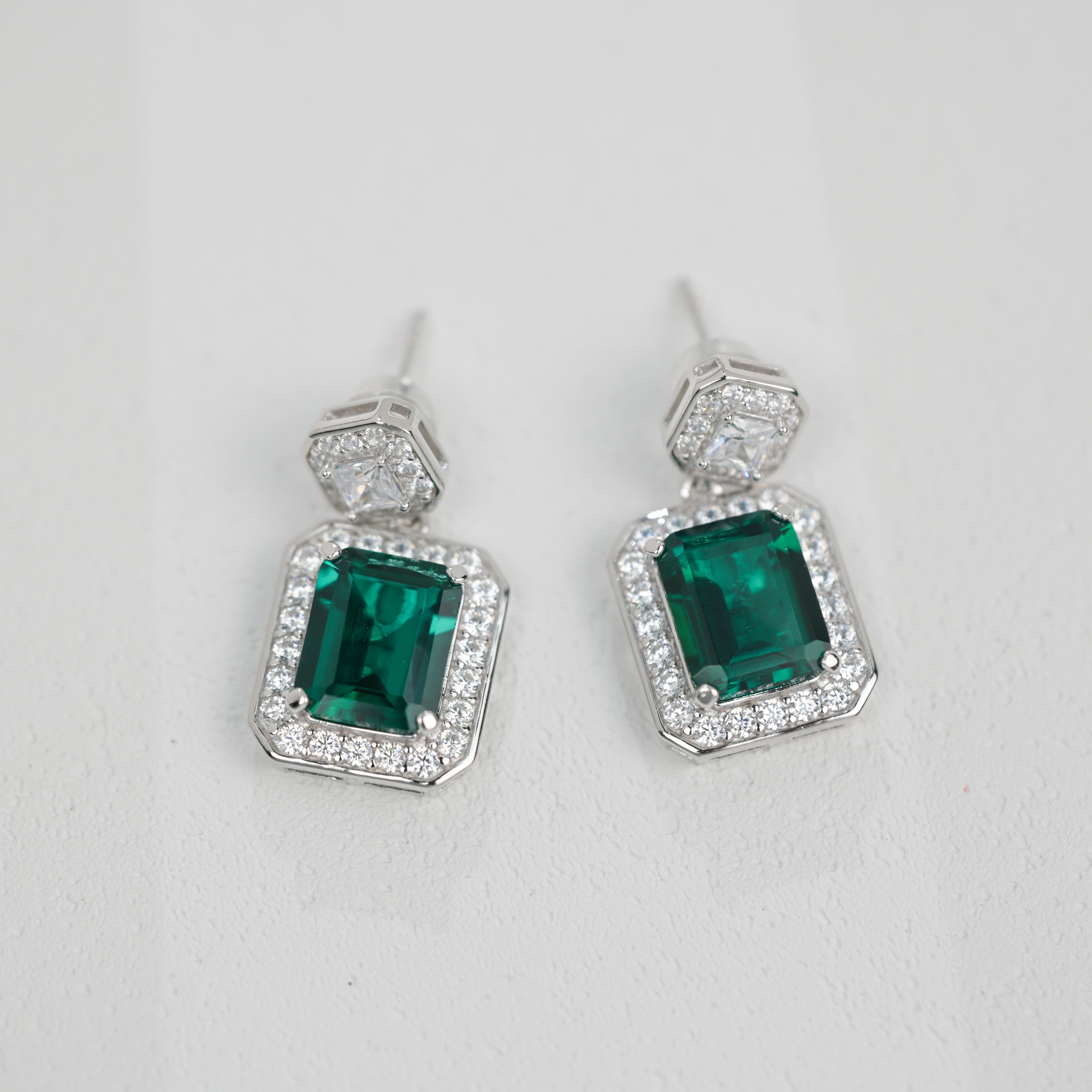Lab-Grown Emerald - Square Emerald Diamond-Framed Layered Charm Earrings