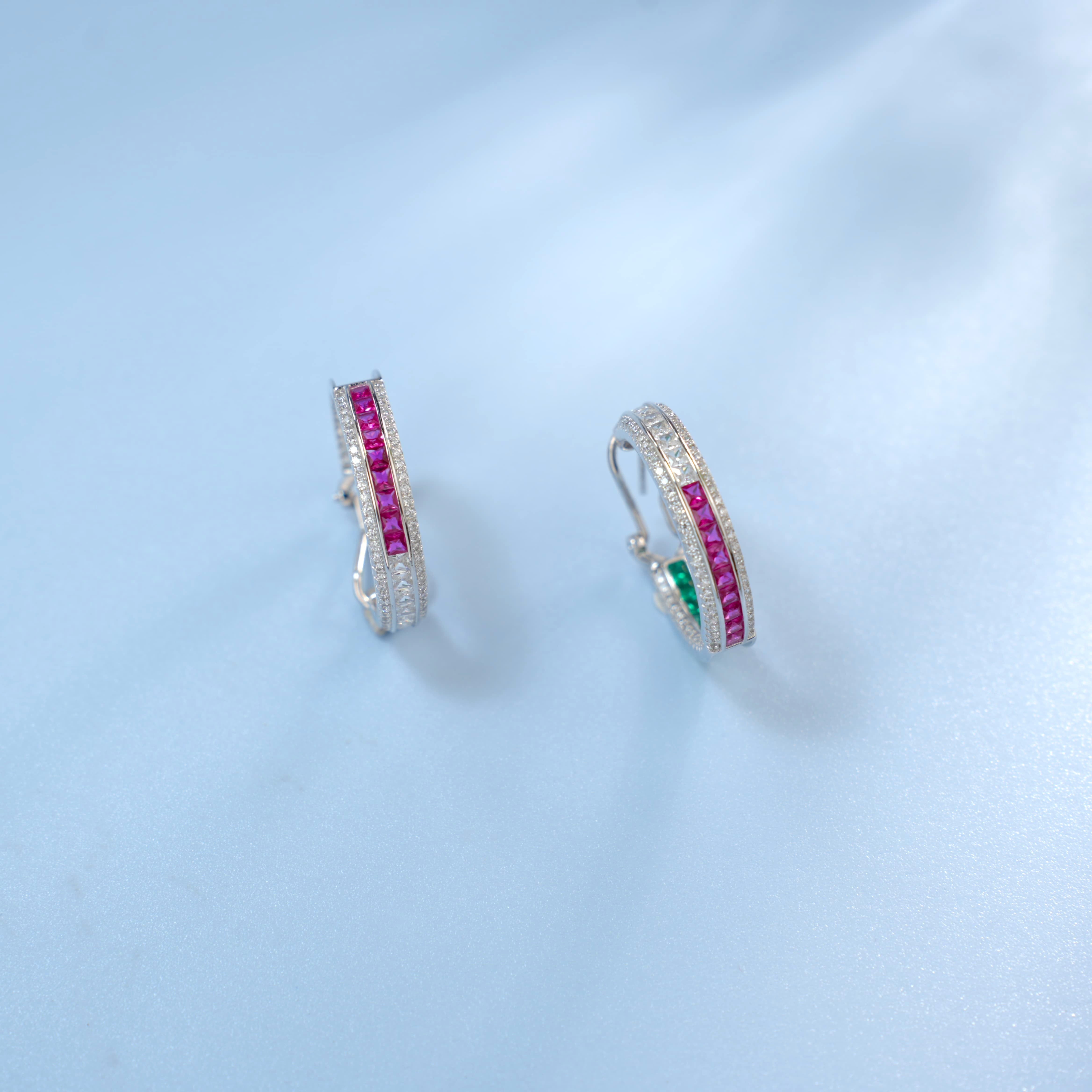 Lab-Grown Ruby - Crimson Square Diamond Halo Dreamy Hoop Earrings