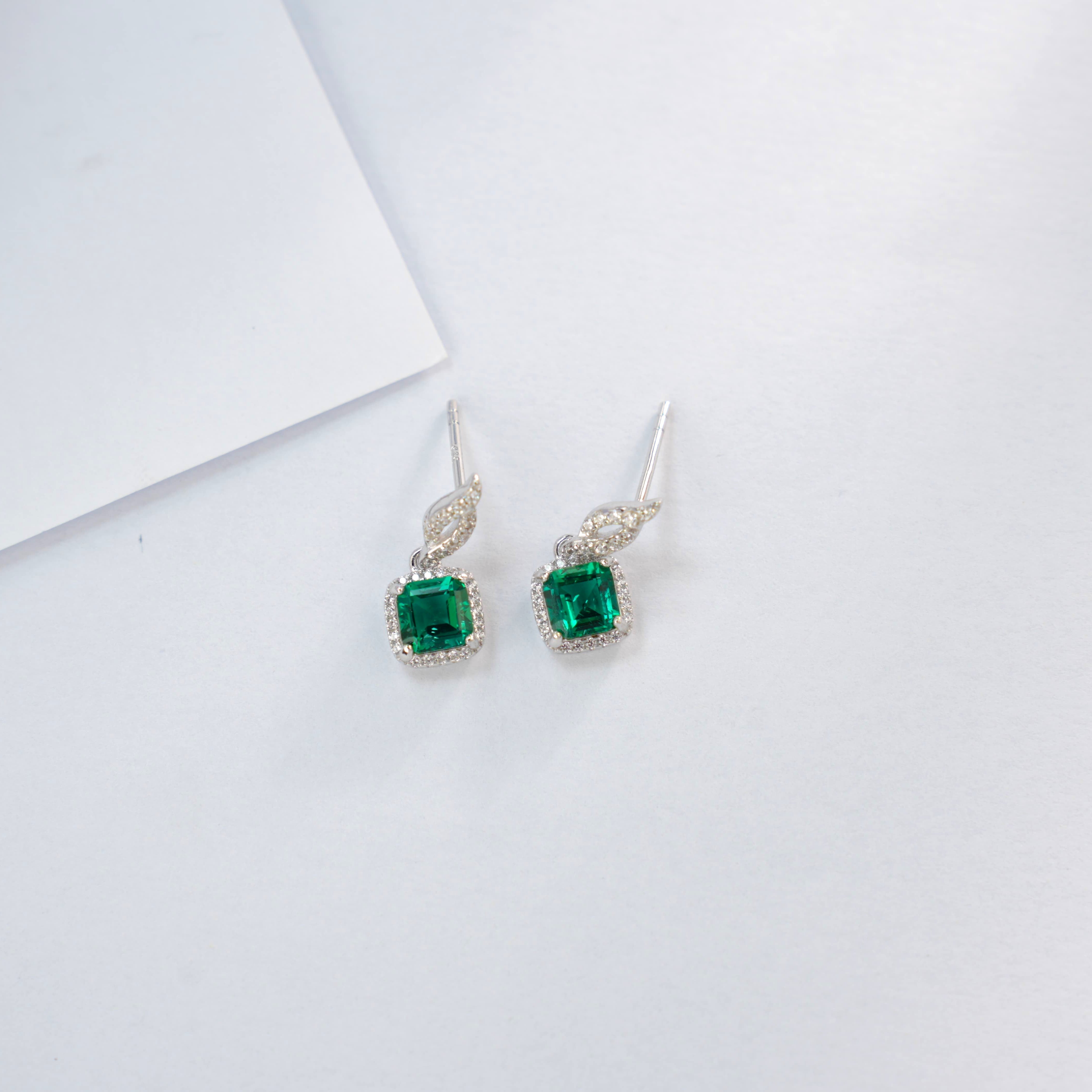Lab-Grown Emerald - Square Emerald Diamond Entwined Soft Knot Earrings