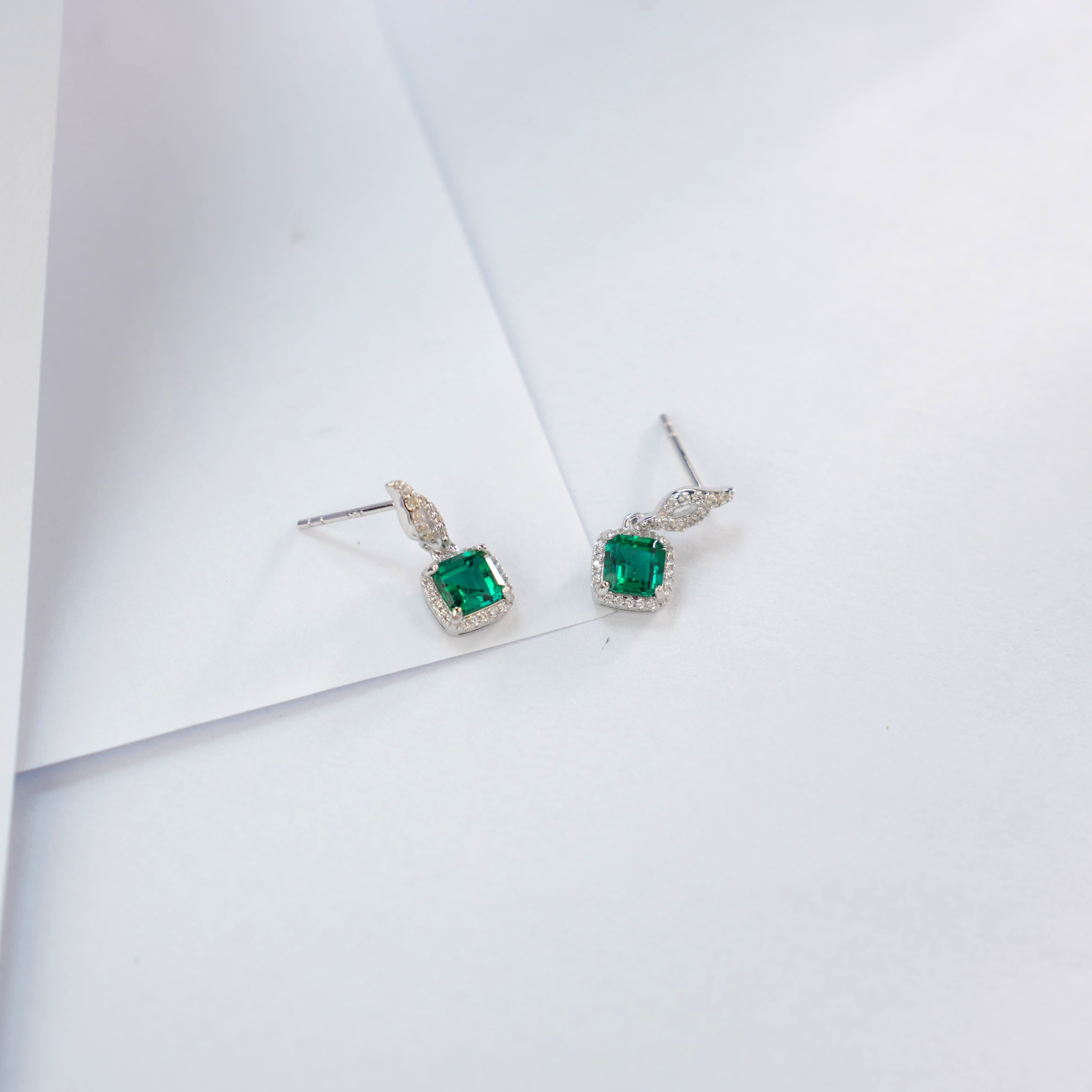 Lab-Grown Emerald - Square Emerald Diamond Entwined Soft Knot Earrings