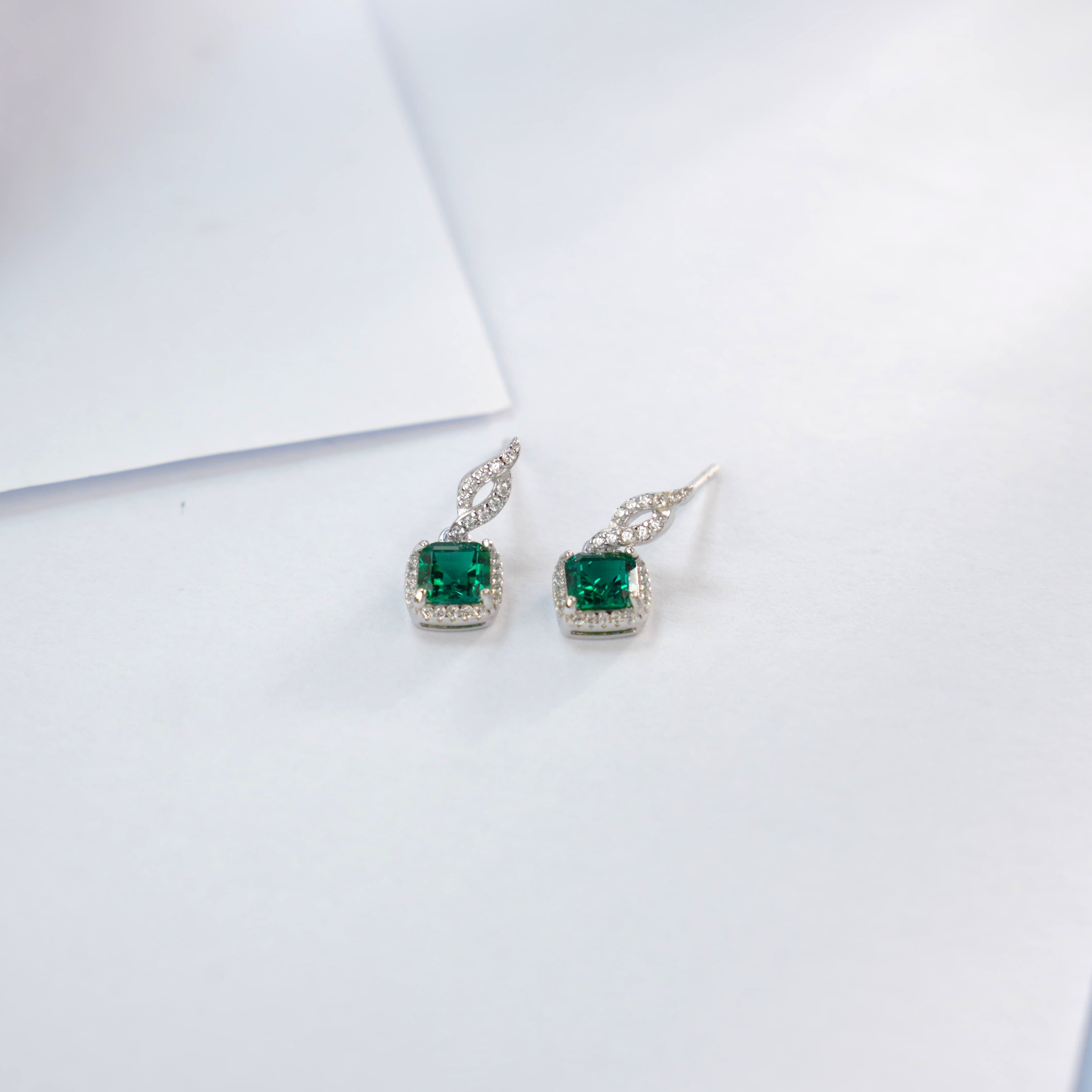 Lab-Grown Emerald - Square Emerald Diamond Entwined Soft Knot Earrings