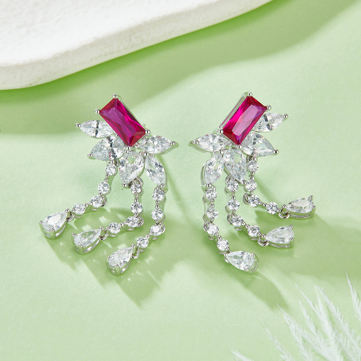 Lab-Grown Emerald - Emerald Rectangle Diamond Plume Tassel Earrings