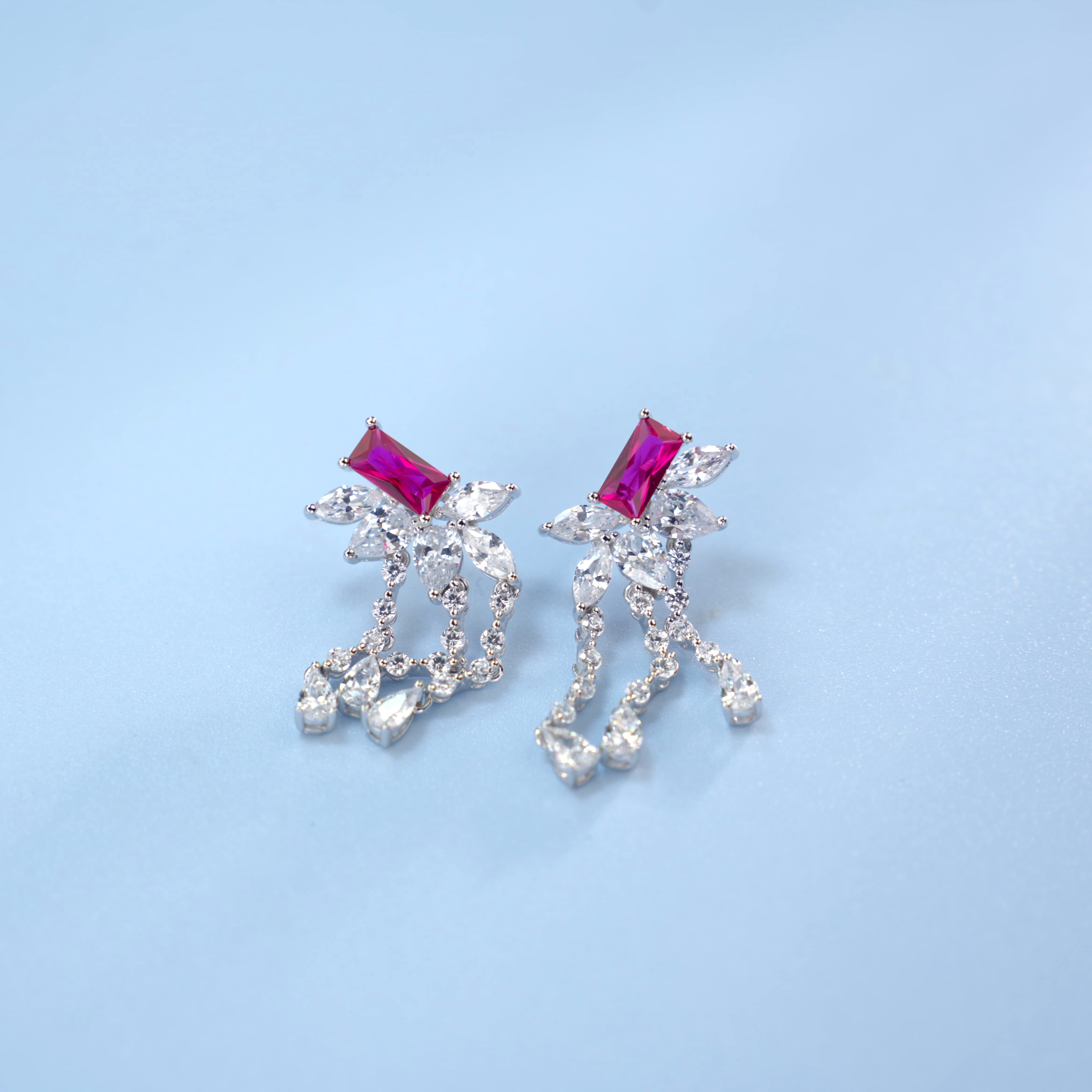 Lab-Grown Emerald - Emerald Rectangle Diamond Plume Tassel Earrings