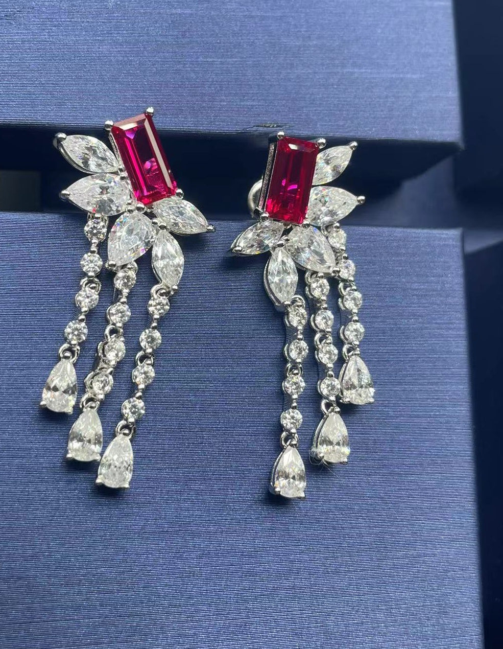 Lab-Grown Emerald - Emerald Rectangle Diamond Plume Tassel Earrings