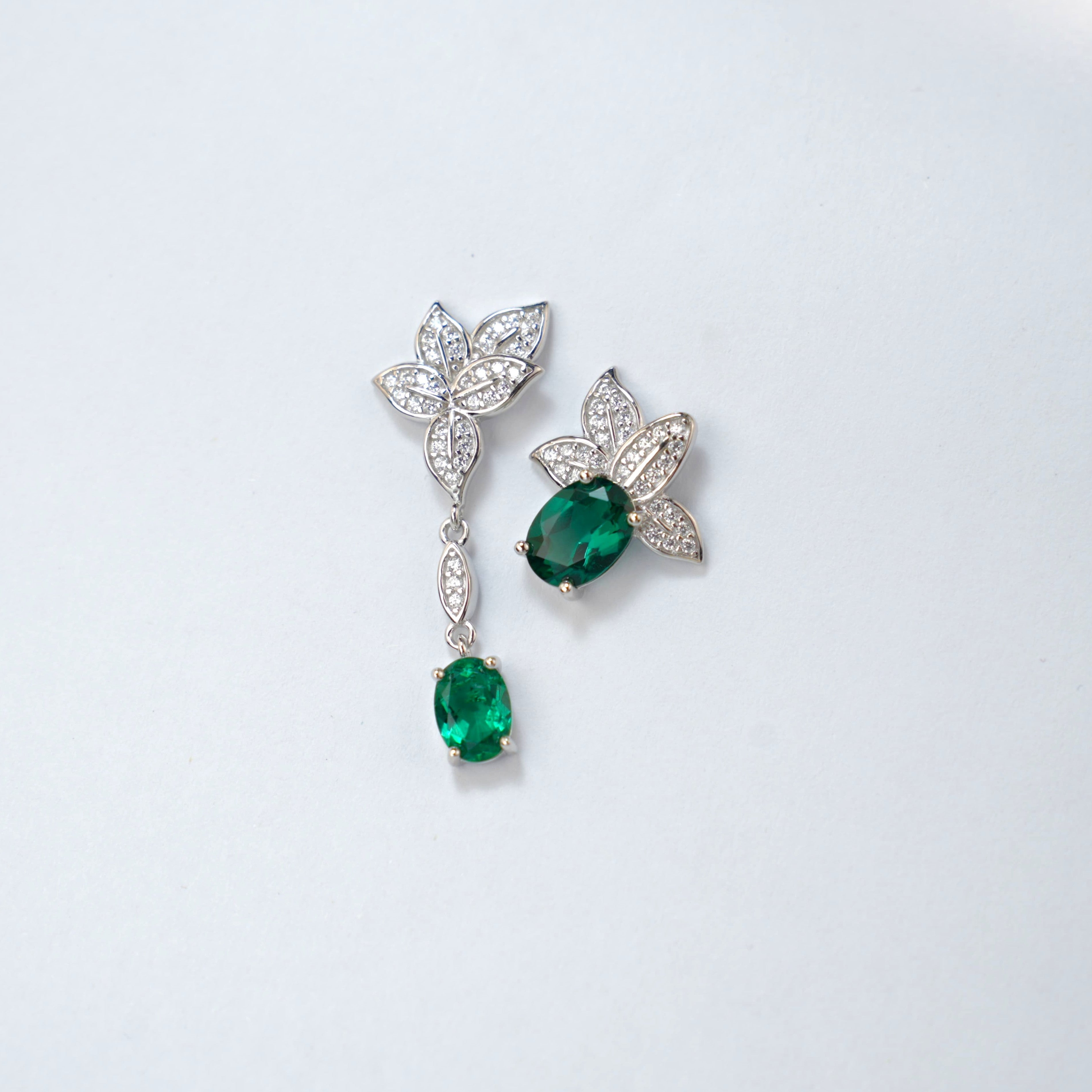 Lab-Grown Emerald - Oval Emerald Diamond Leaf Asymmetrical Earrings