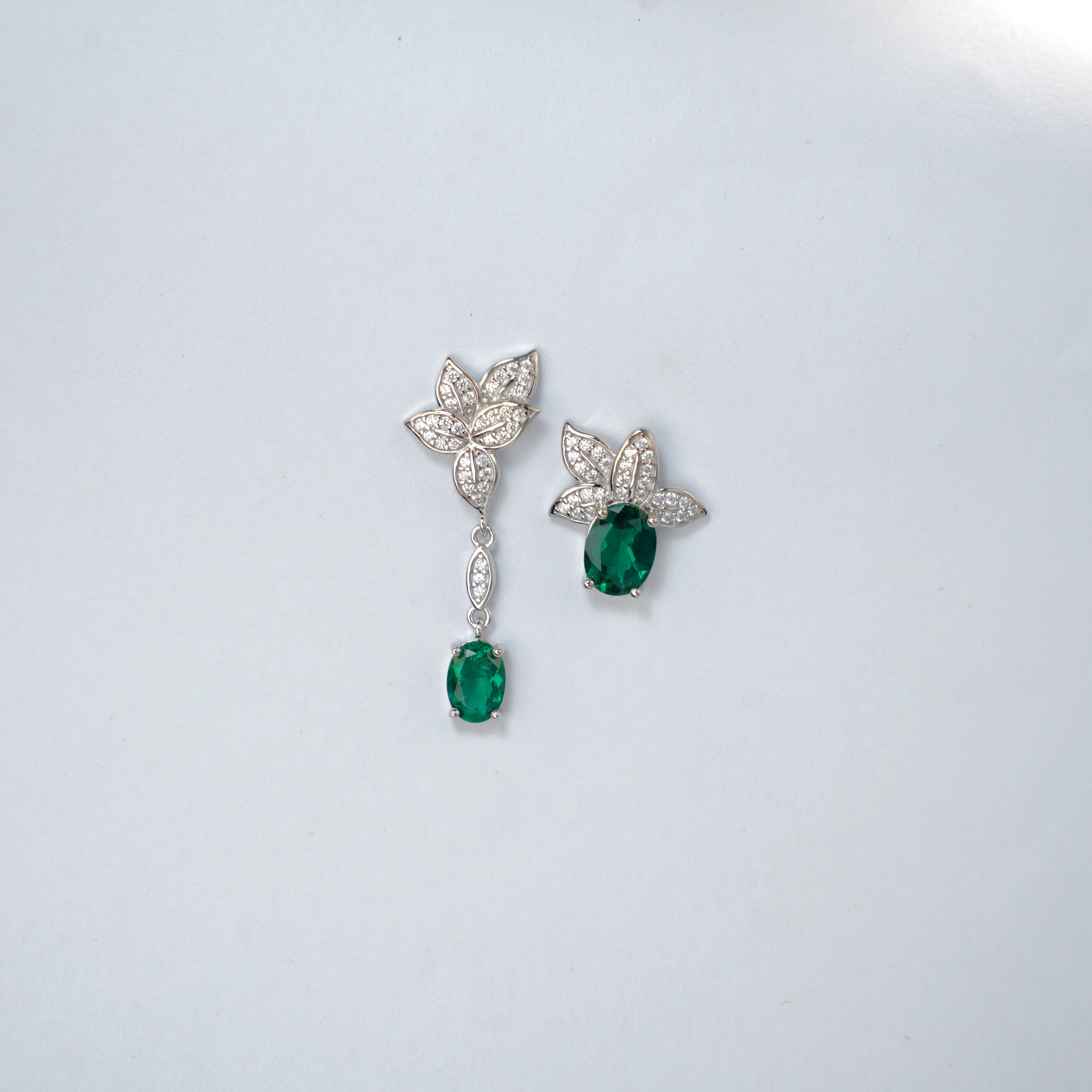 Lab-Grown Emerald - Oval Emerald Diamond Leaf Asymmetrical Earrings