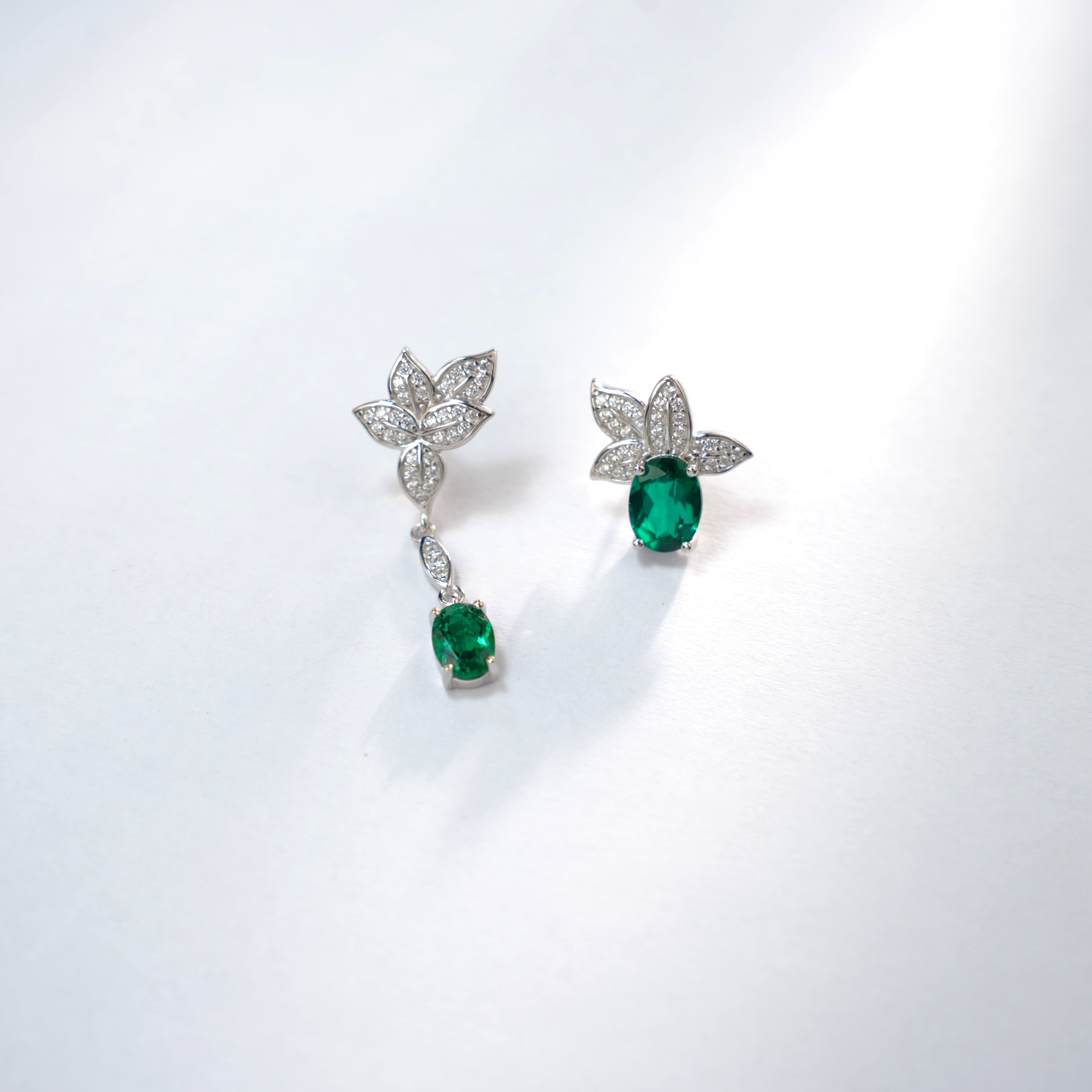 Lab-Grown Emerald - Oval Emerald Diamond Leaf Asymmetrical Earrings