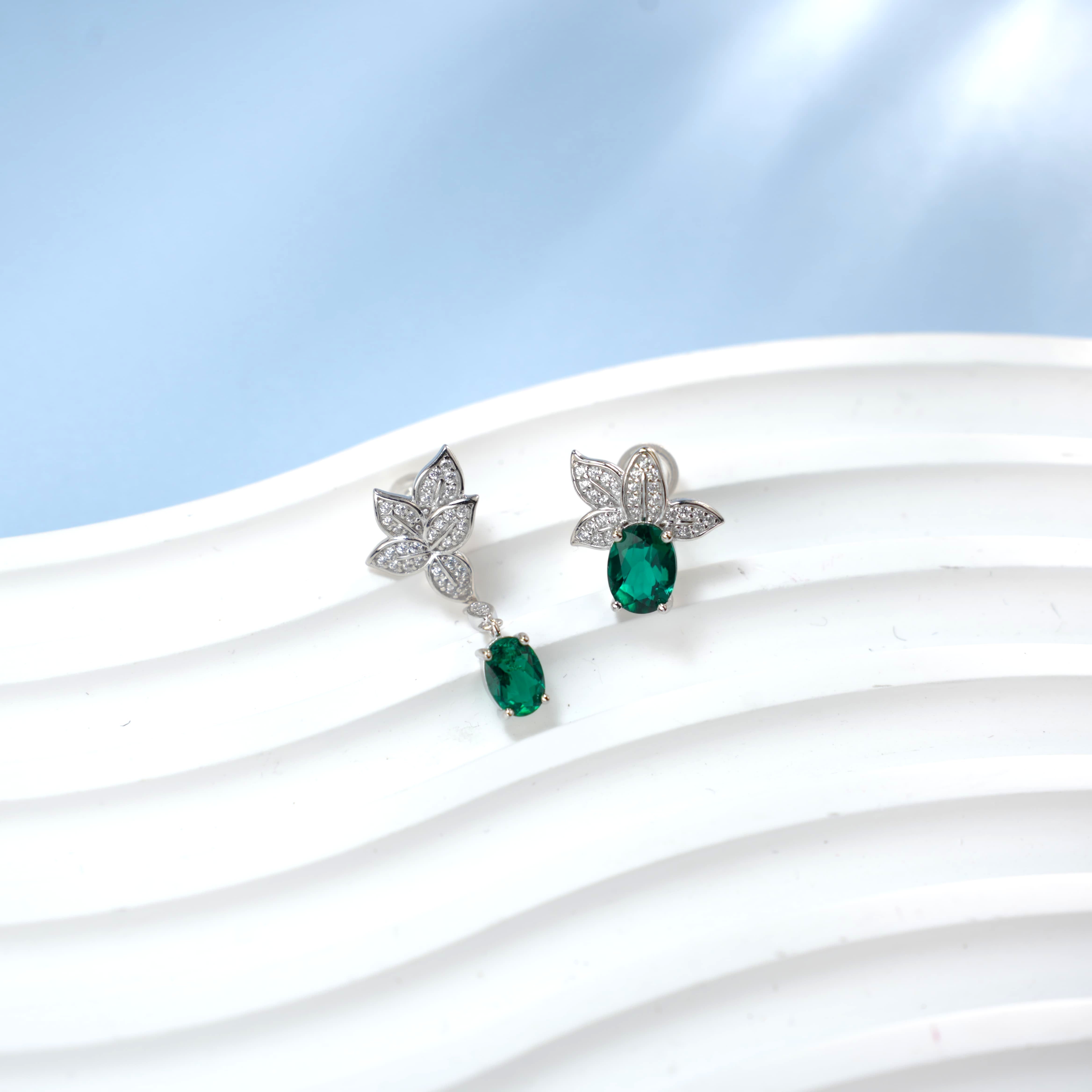 Lab-Grown Emerald - Oval Emerald Diamond Leaf Asymmetrical Earrings
