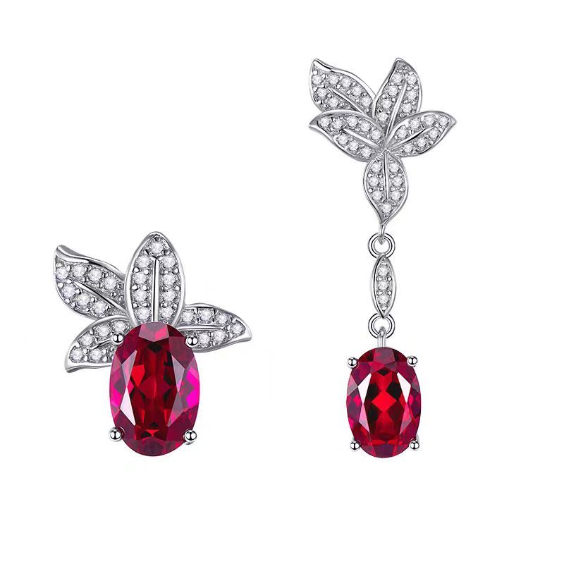 Lab-Grown Emerald - Oval Emerald Diamond Leaf Asymmetrical Earrings