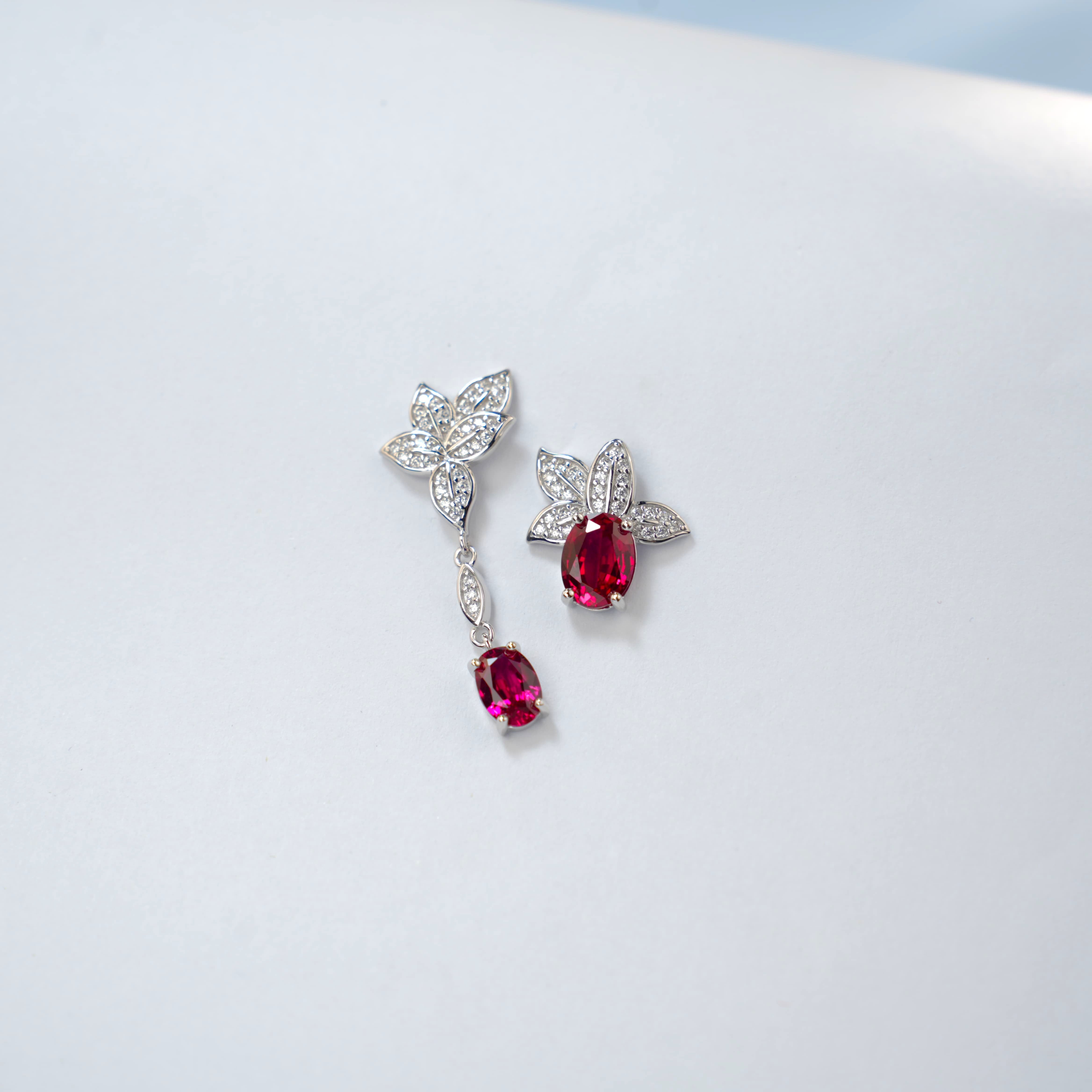 Lab-Grown Emerald - Oval Emerald Diamond Leaf Asymmetrical Earrings