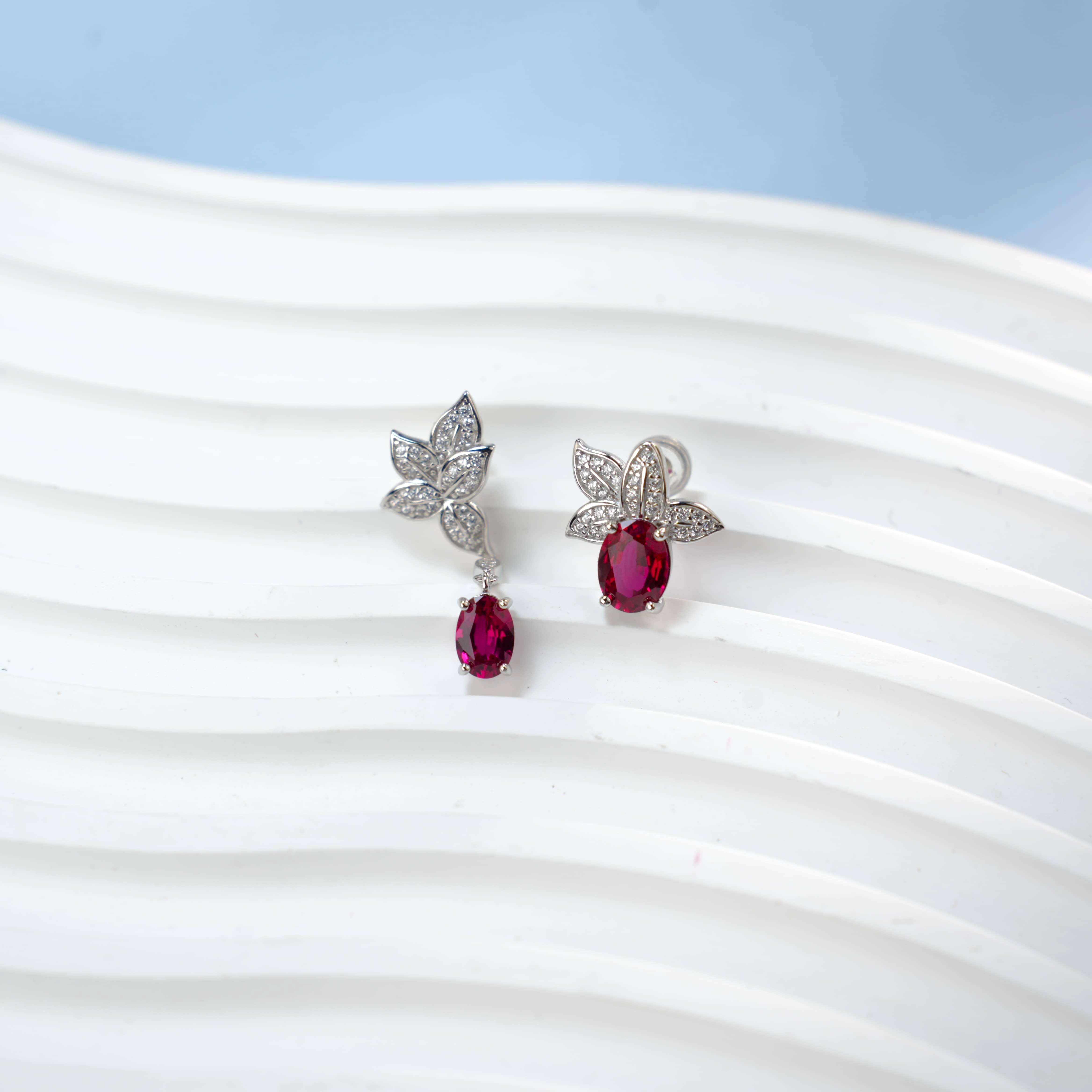 Lab-Grown Emerald - Oval Emerald Diamond Leaf Asymmetrical Earrings