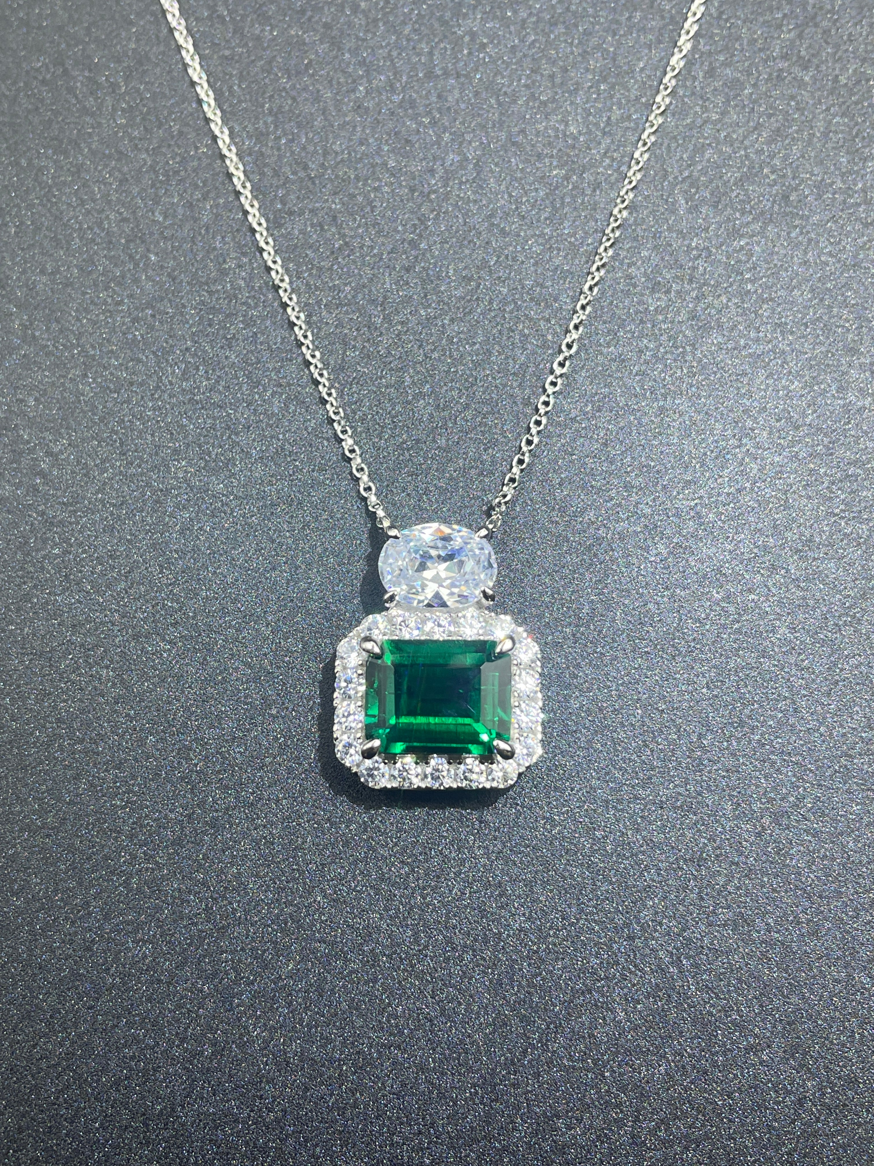 Lab-Grown Emerald - Square Emerald Diamond Halo Twin Crystal Pendant