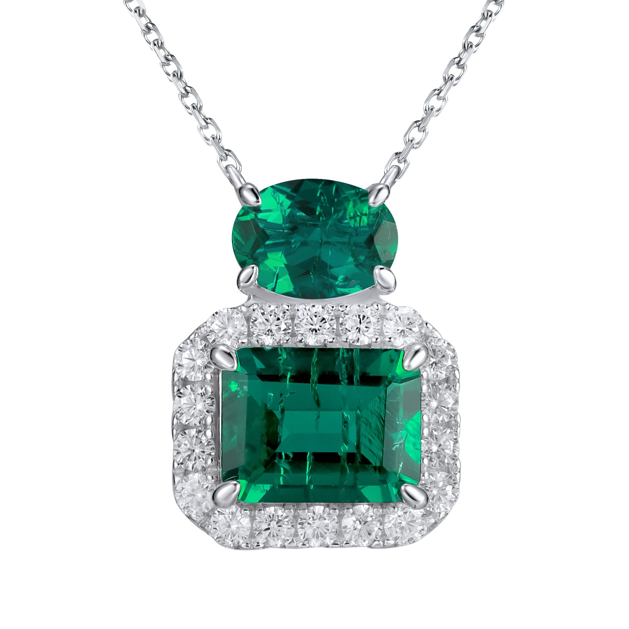 Lab-Grown Emerald - Square Emerald Diamond Halo Twin Crystal Pendant