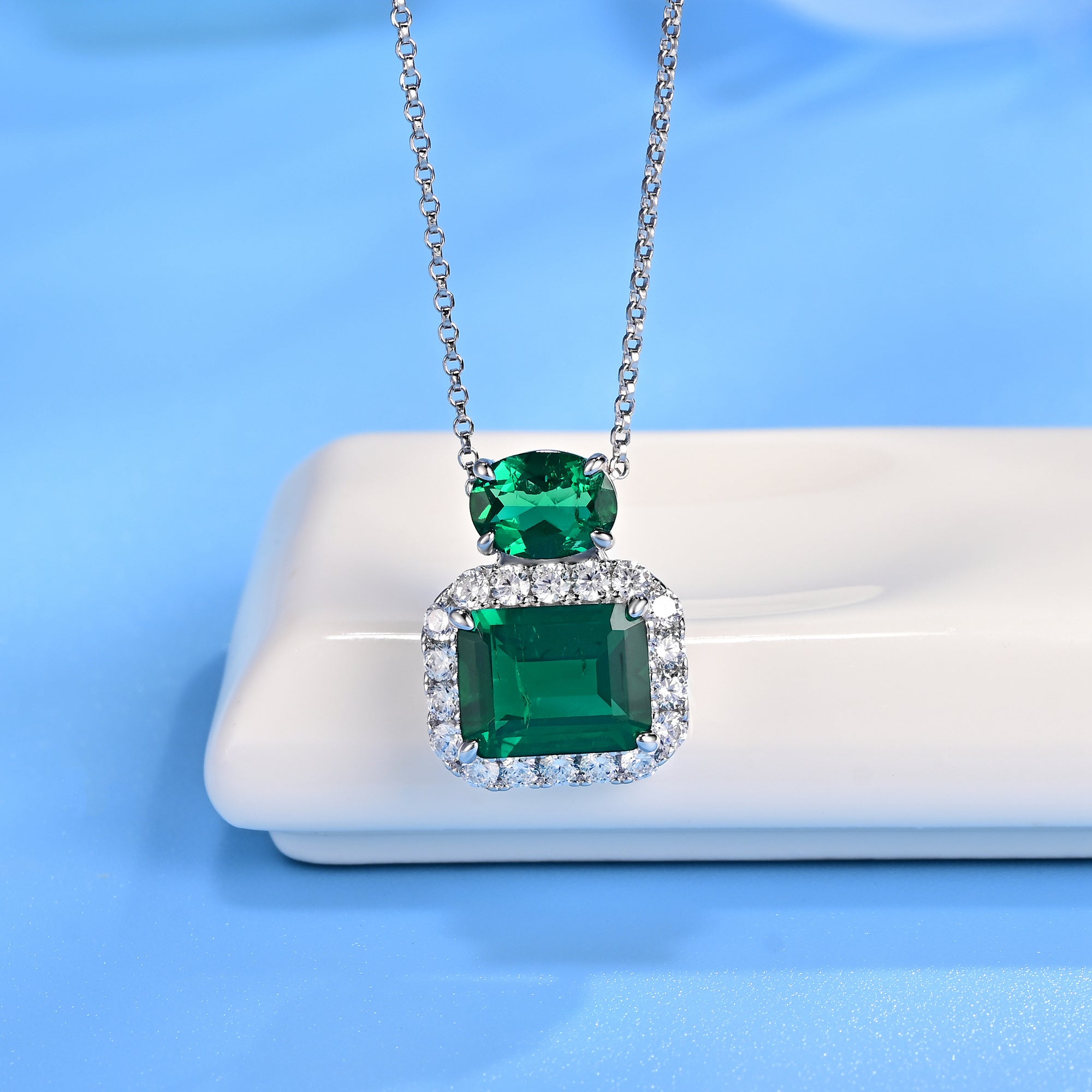Lab-Grown Emerald - Square Emerald Diamond Halo Twin Crystal Pendant
